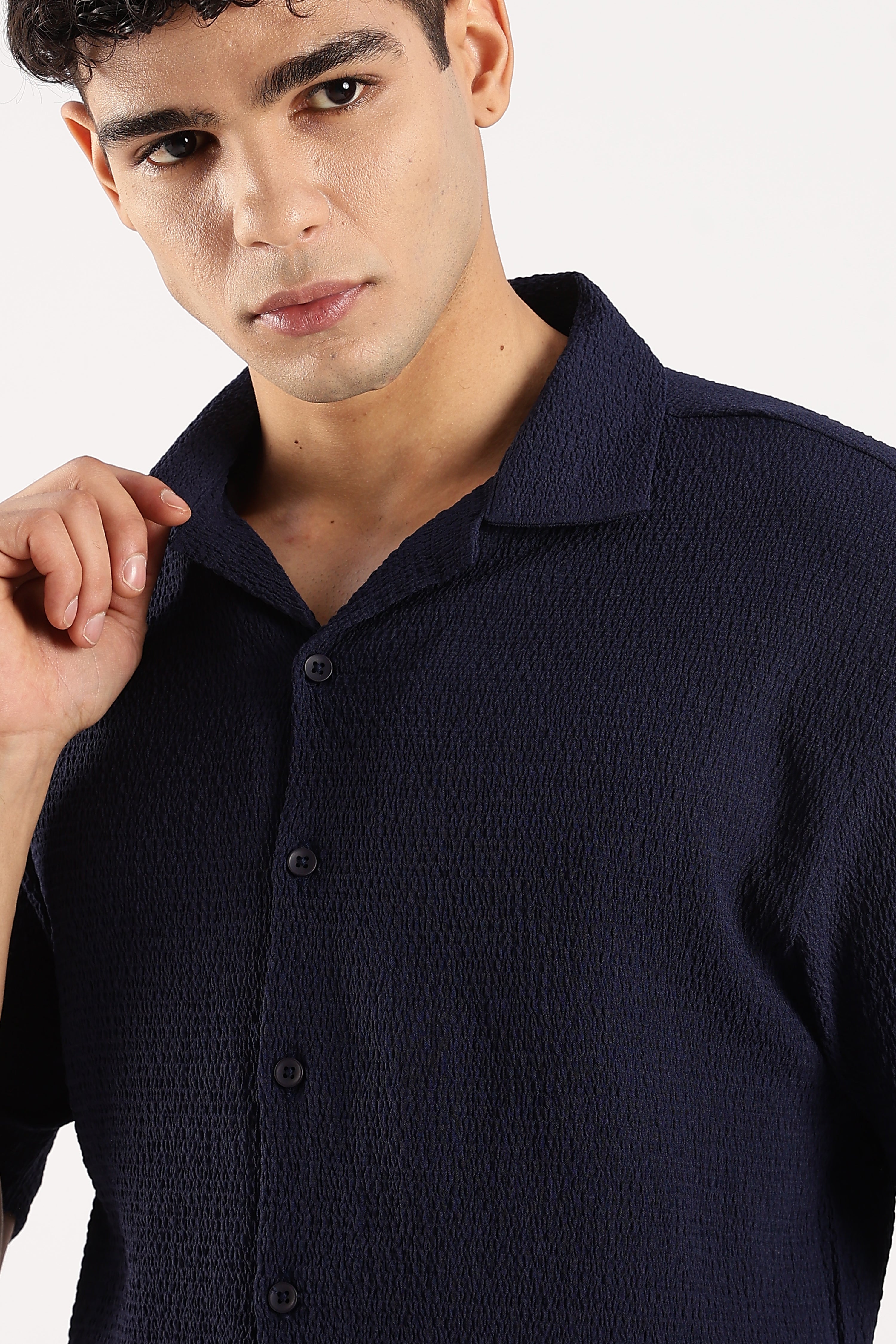 Men Navy Blue Poly Textured Shirt