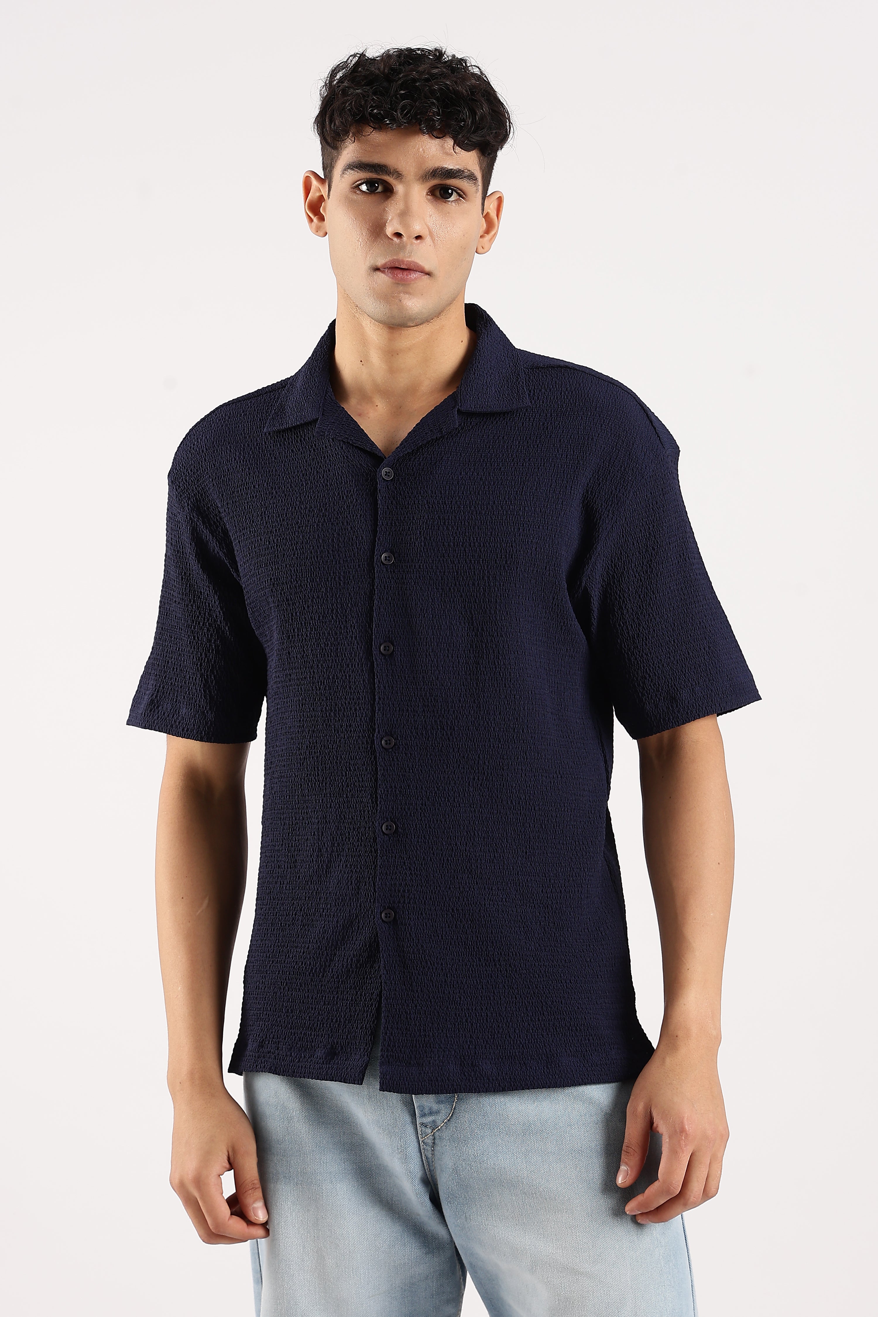 Men Navy Blue Poly Textured Shirt