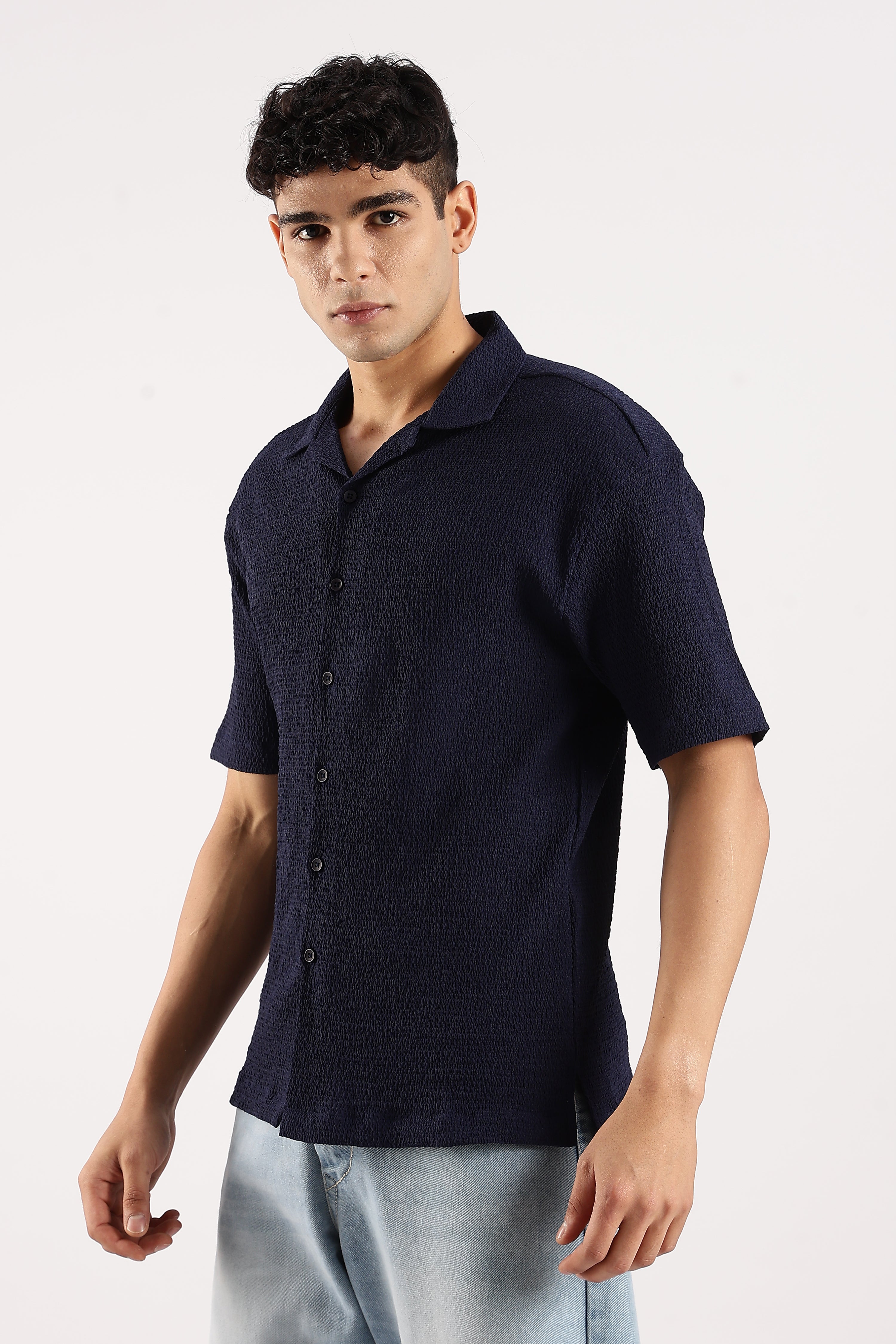 Men Navy Blue Poly Textured Shirt