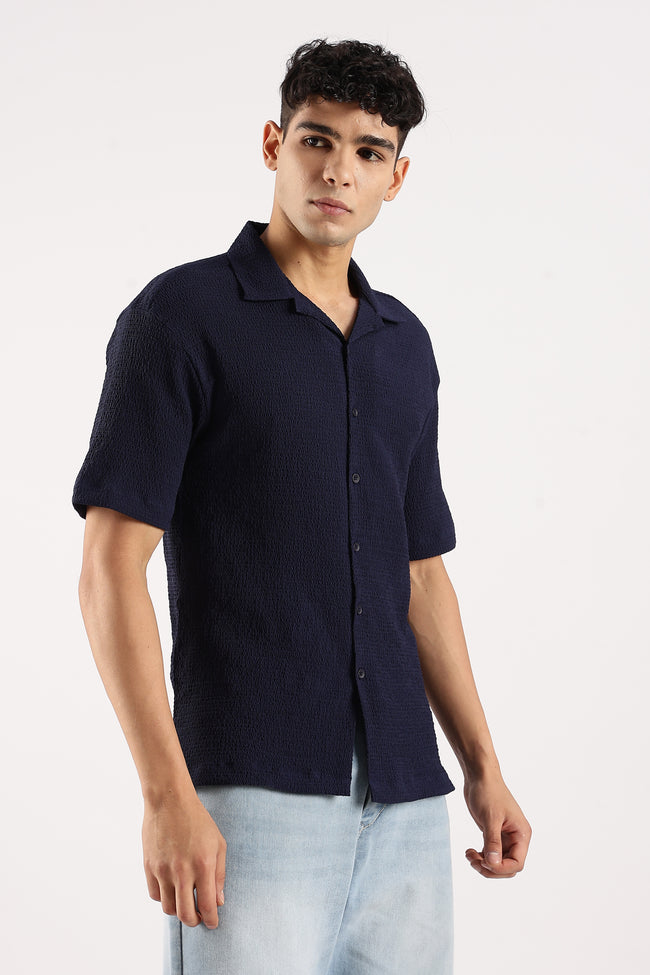 Men Navy Blue Poly Textured Shirt