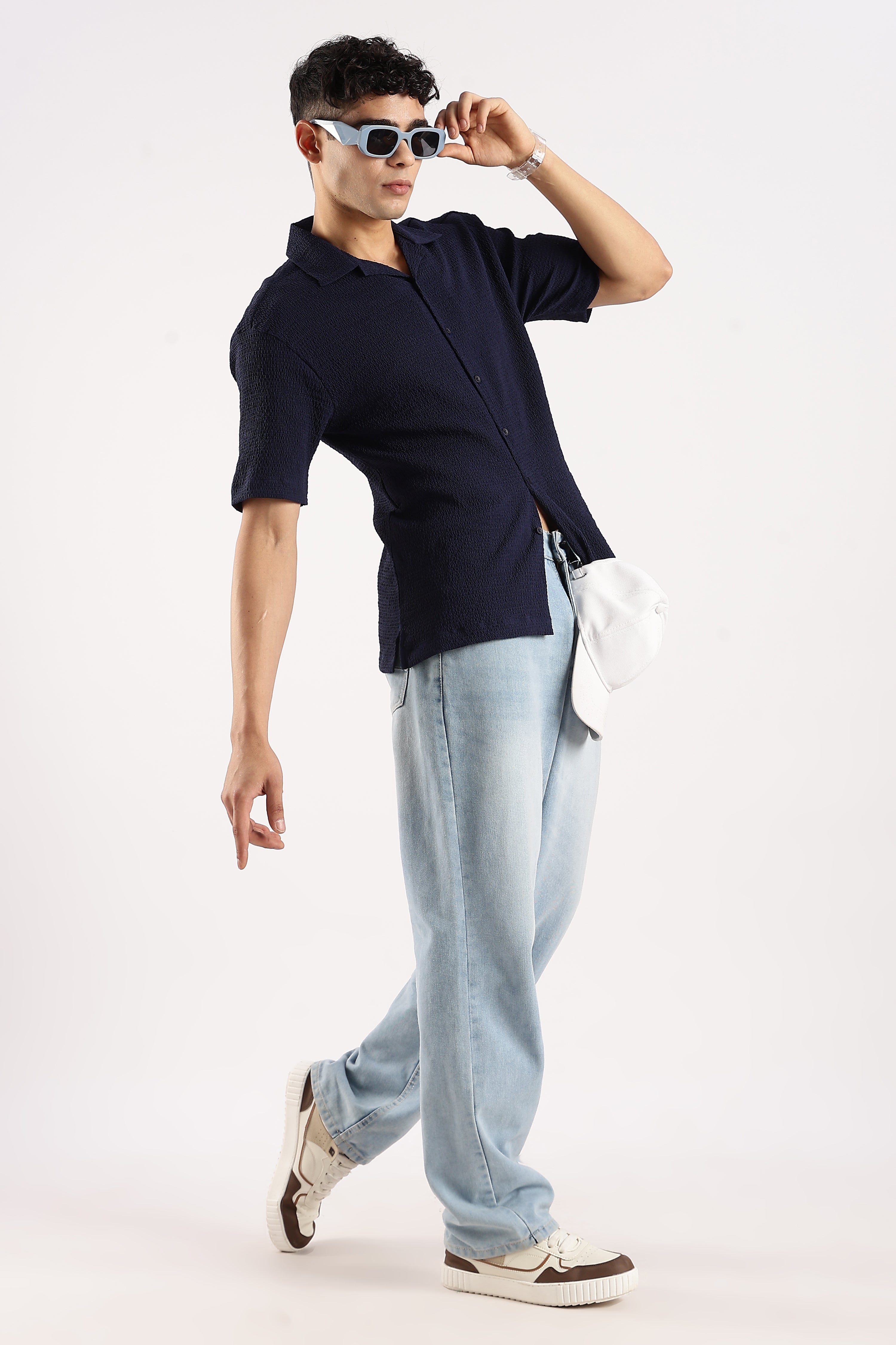 Men Navy Blue Poly Textured Shirt