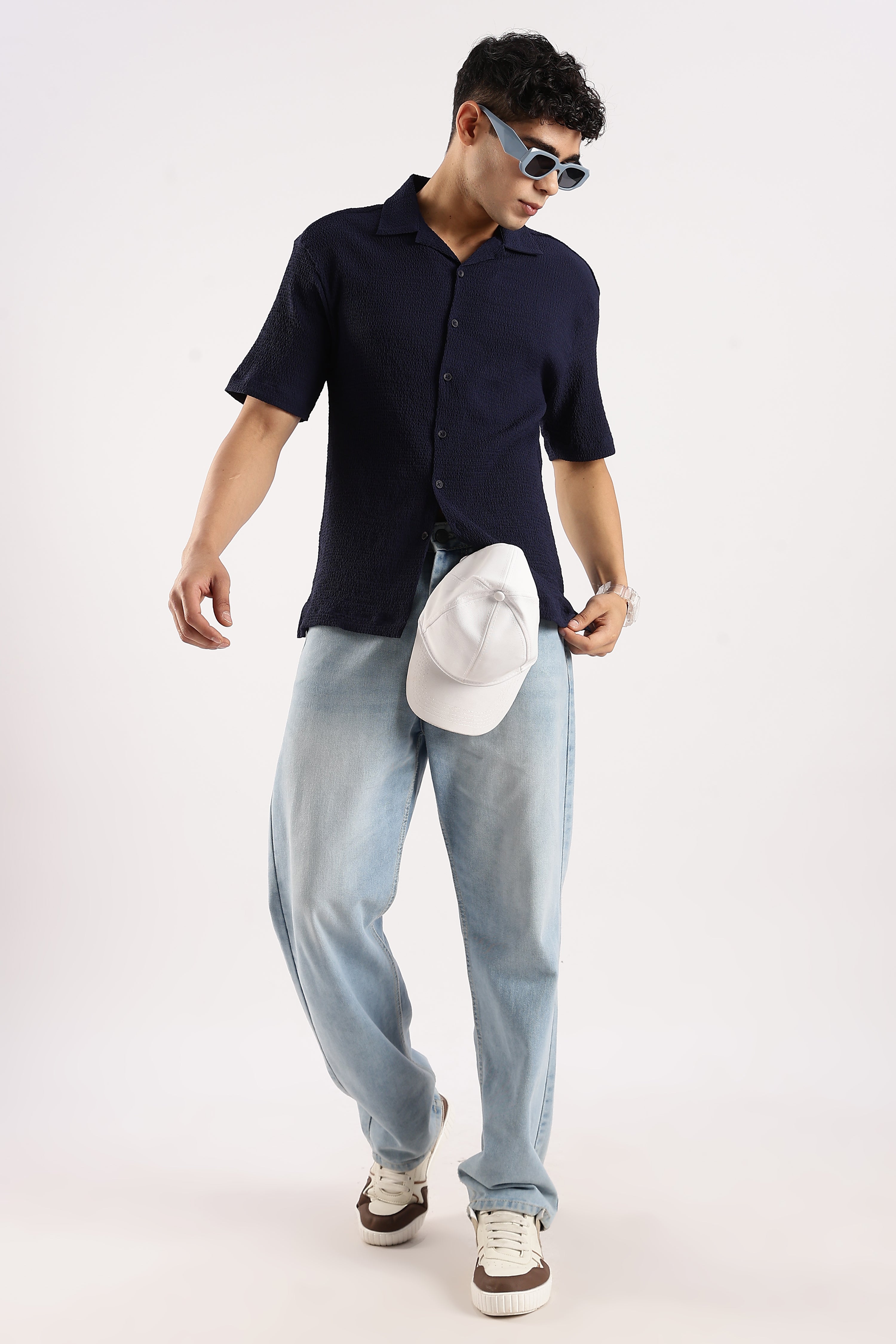 Men Navy Blue Poly Textured Shirt