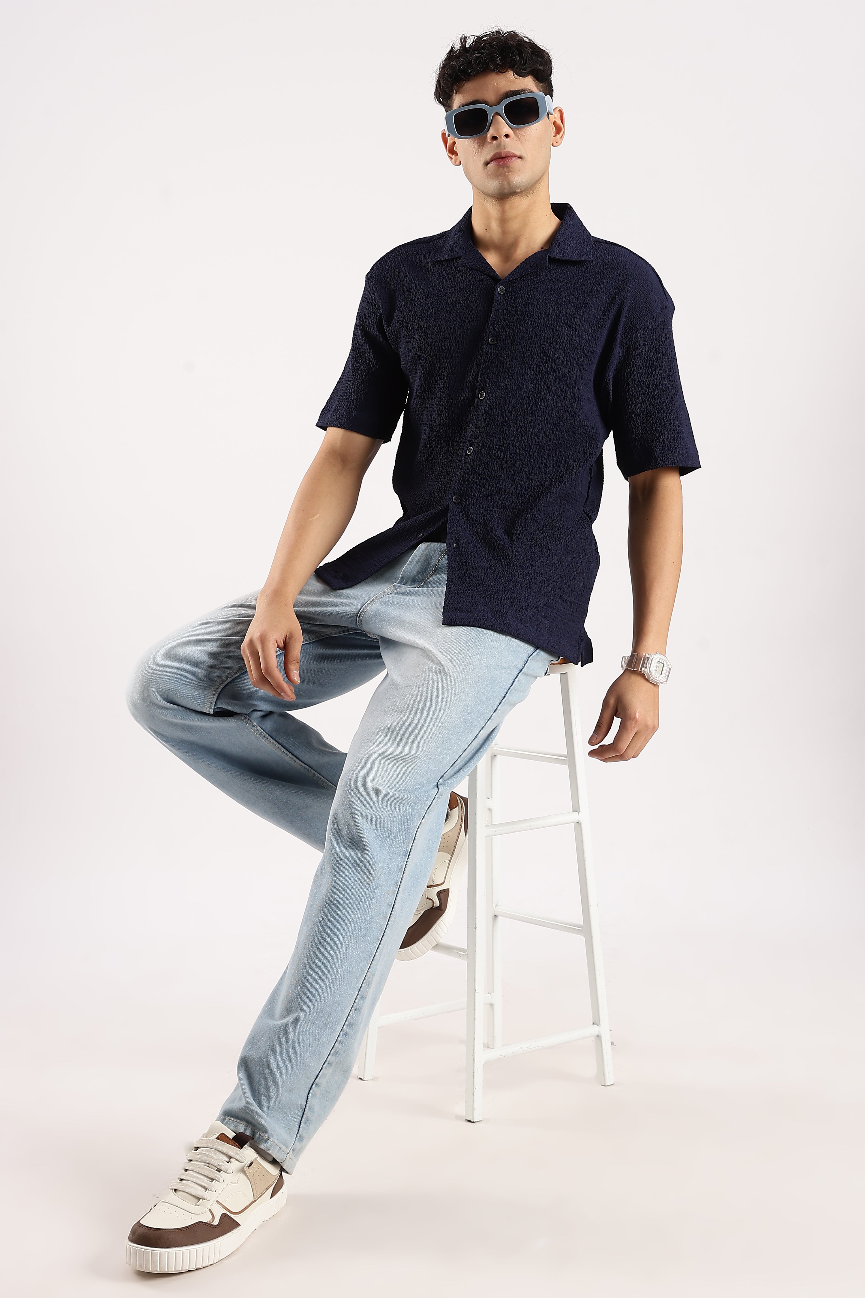 Men Navy Blue Poly Textured Shirt