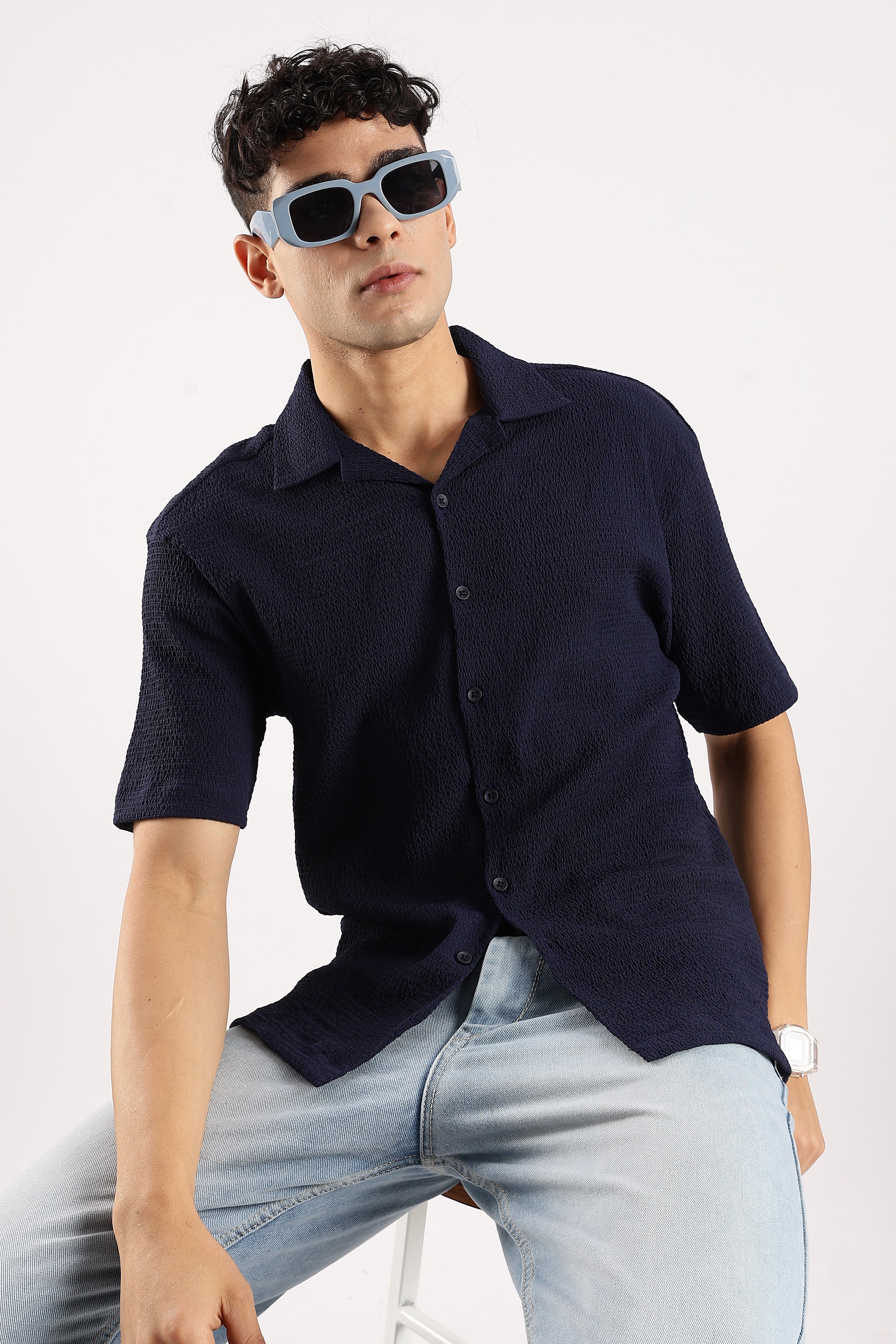 Men Navy Blue Poly Textured Shirt