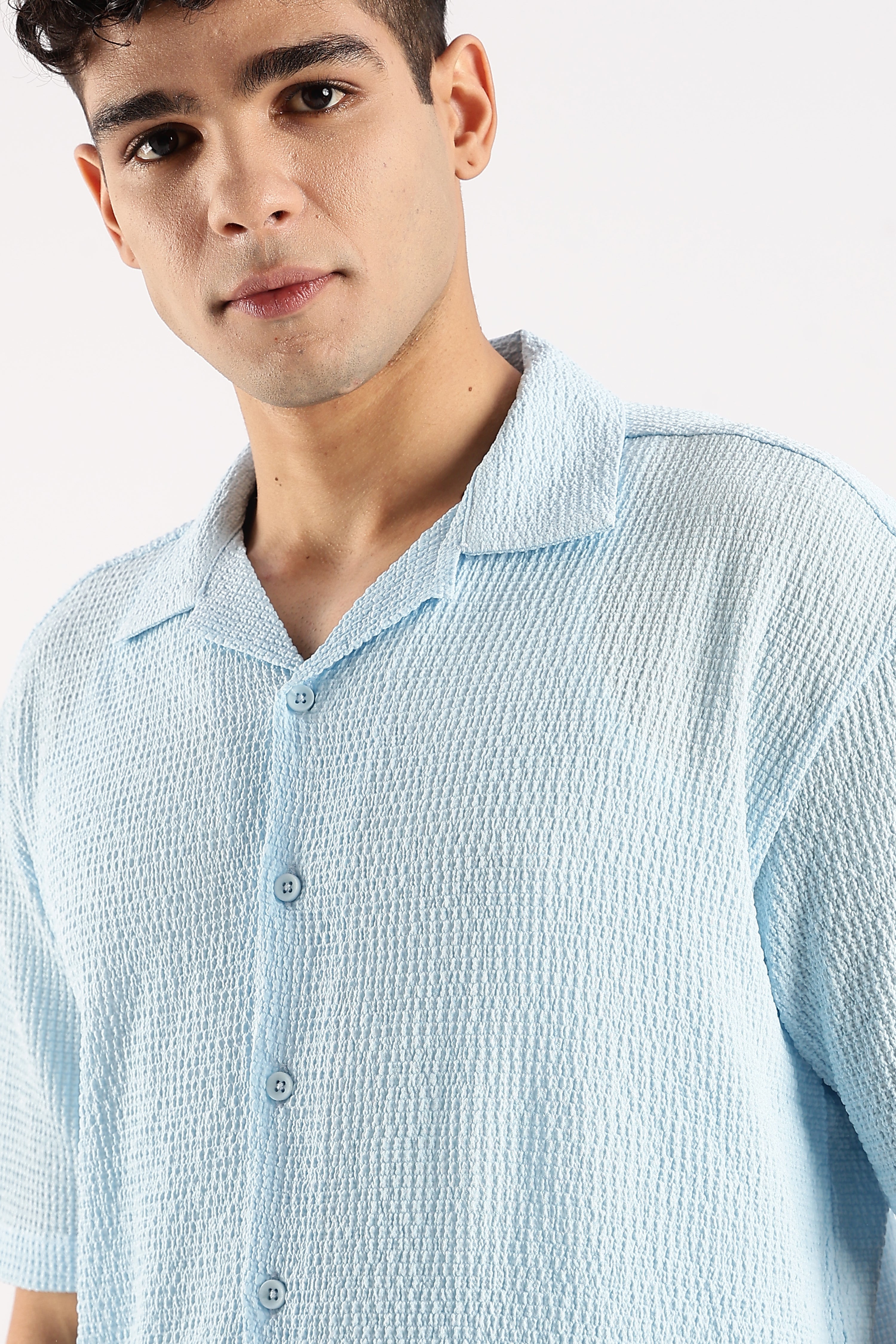 Men Blue Poly Textured Shirt
