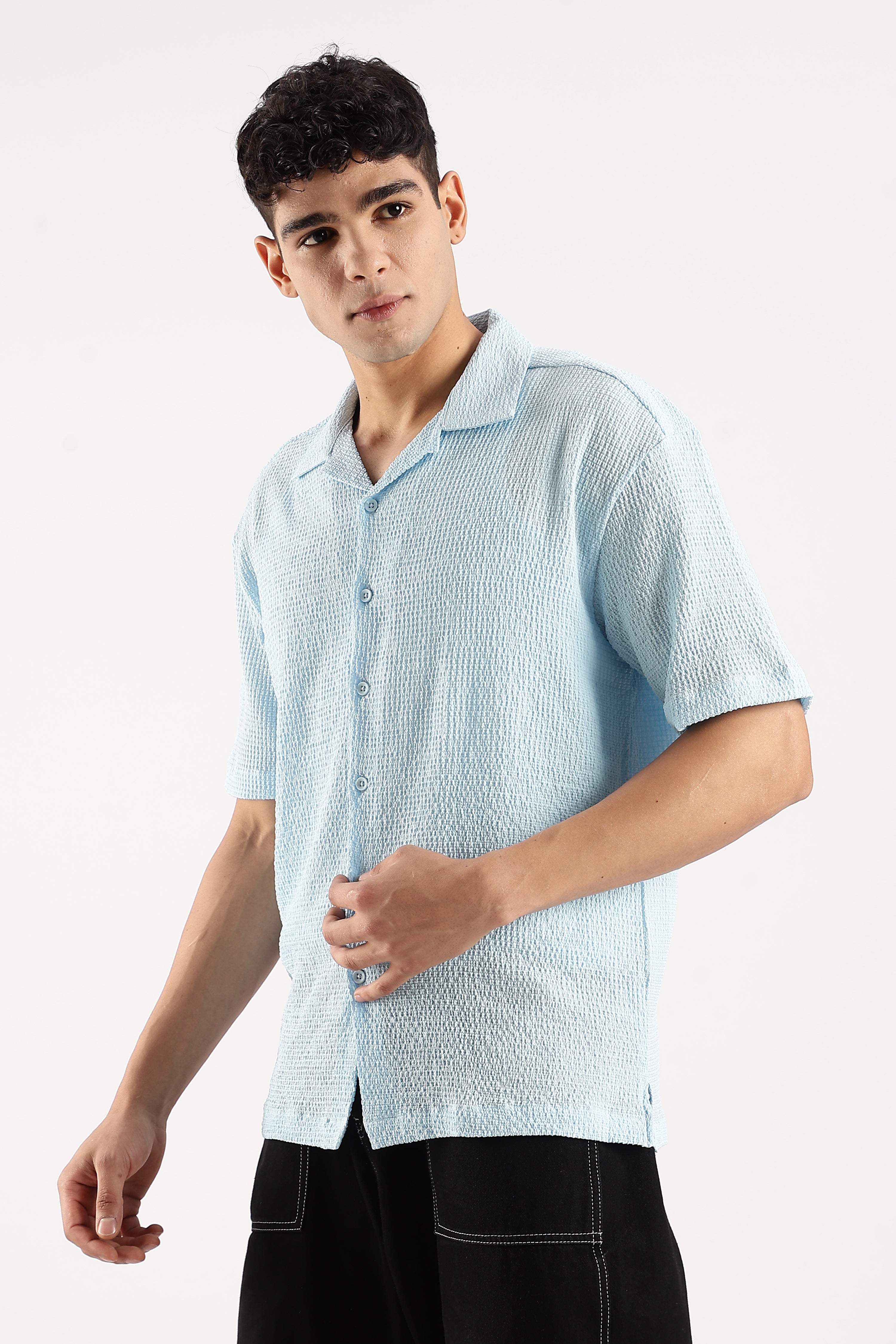 Men Blue Poly Textured Shirt