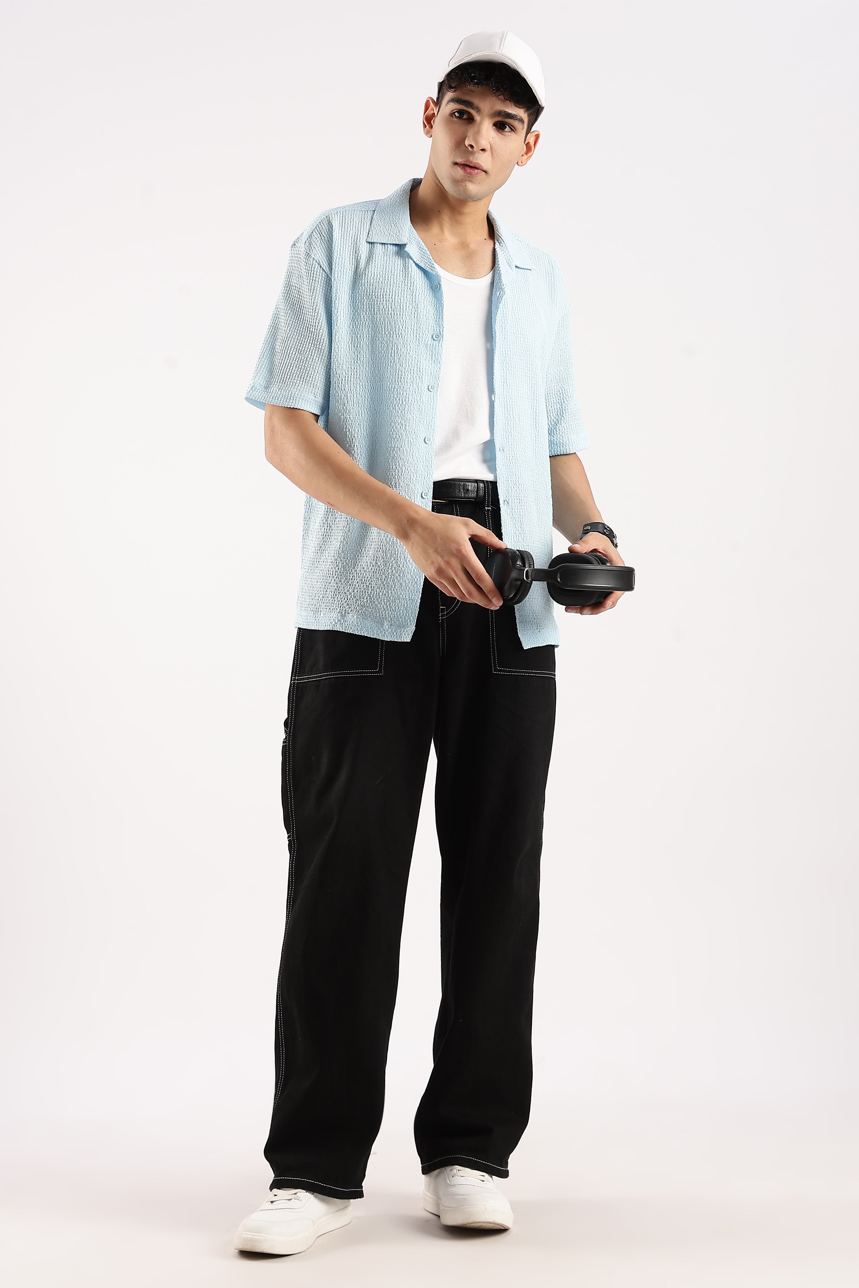 Men Blue Poly Textured Shirt