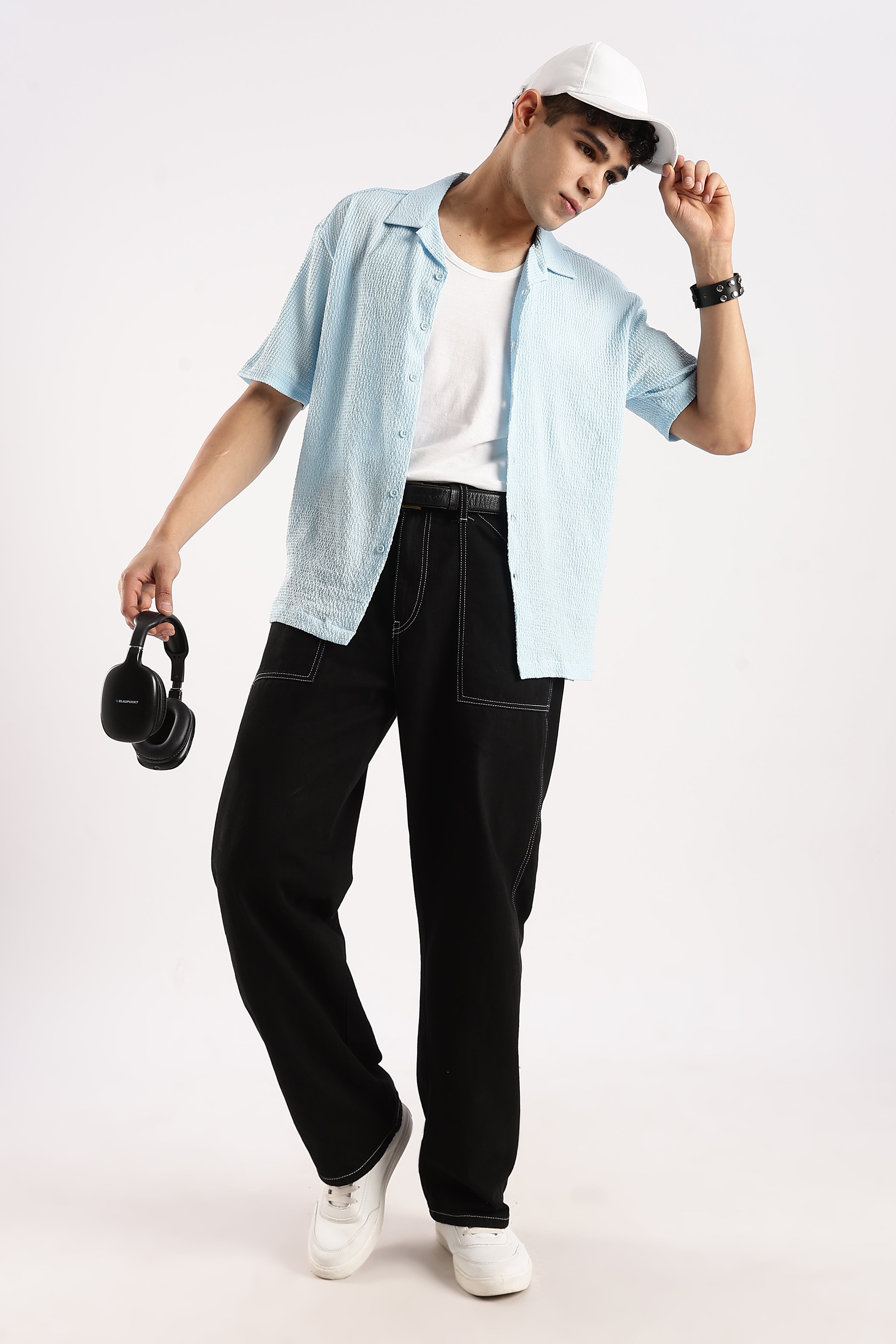 Men Blue Poly Textured Shirt