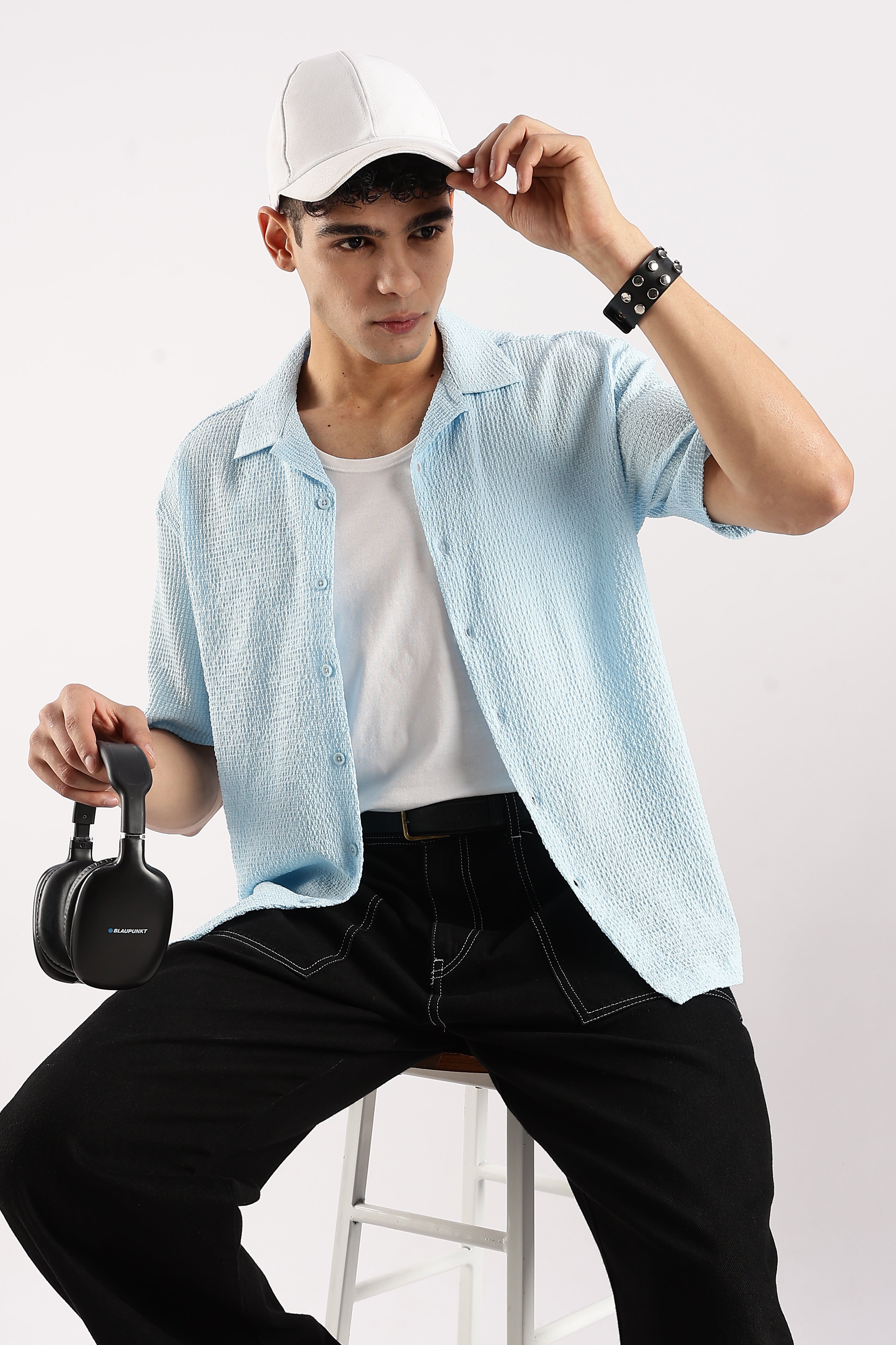 Men Blue Poly Textured Shirt