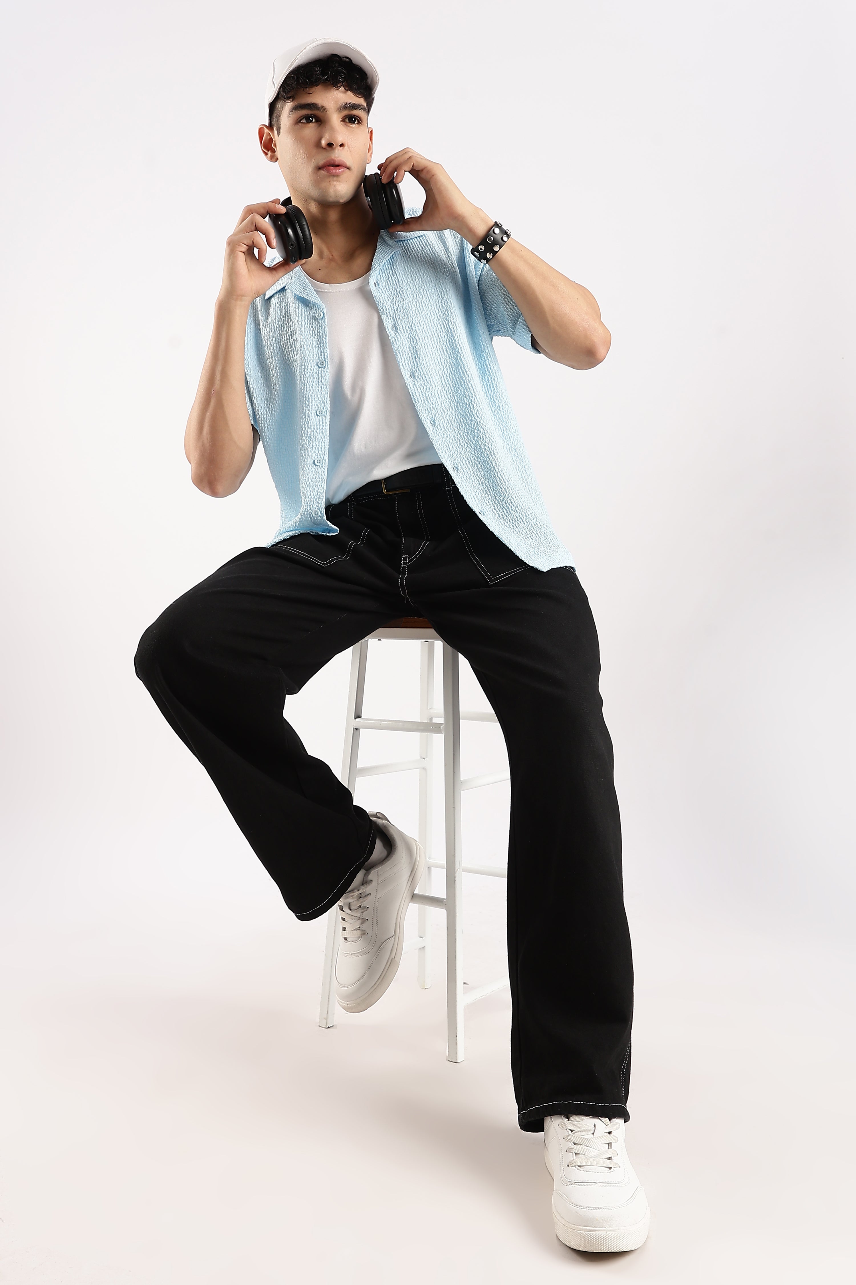 Men Blue Poly Textured Shirt