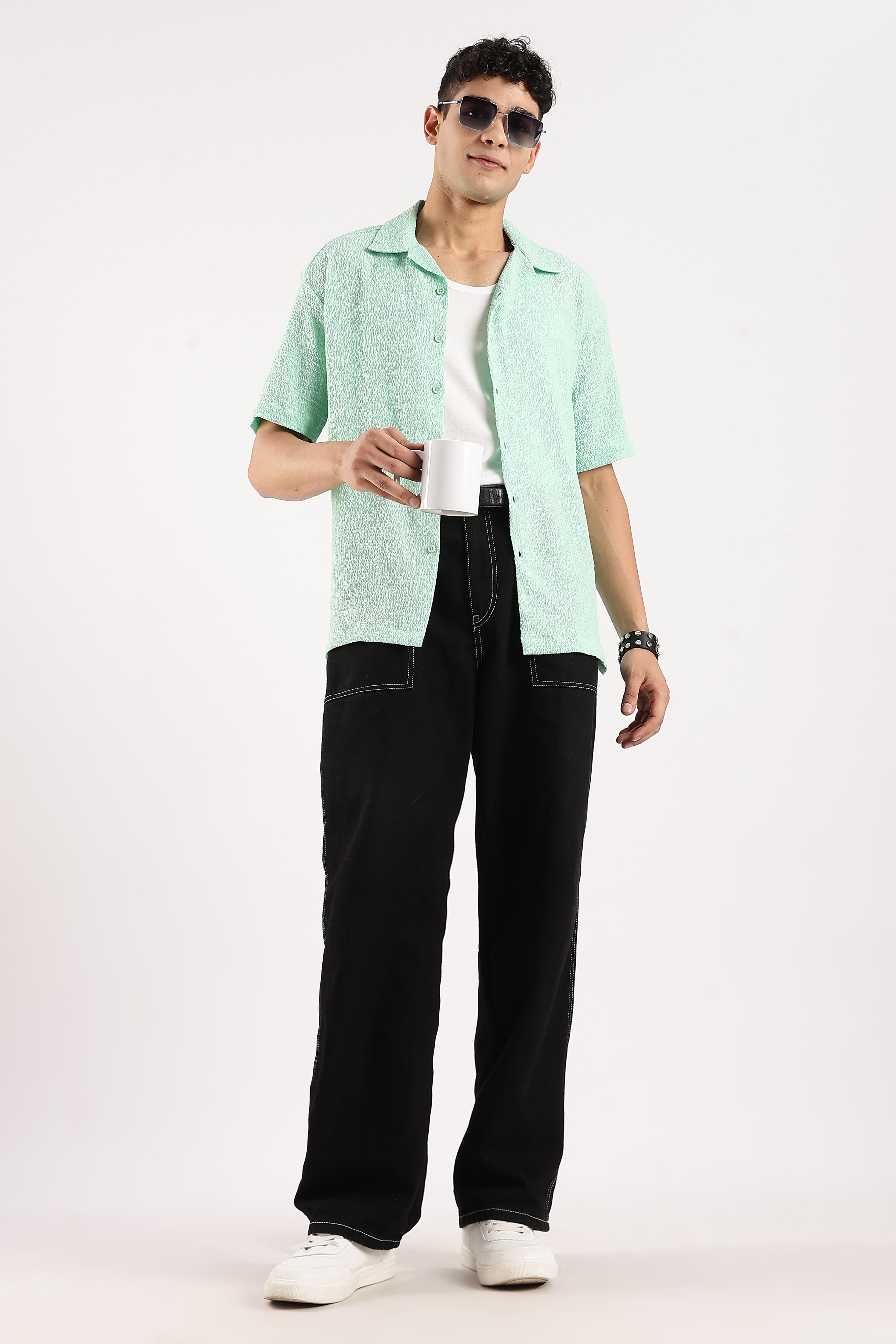 Men Green Poly Textured Shirt