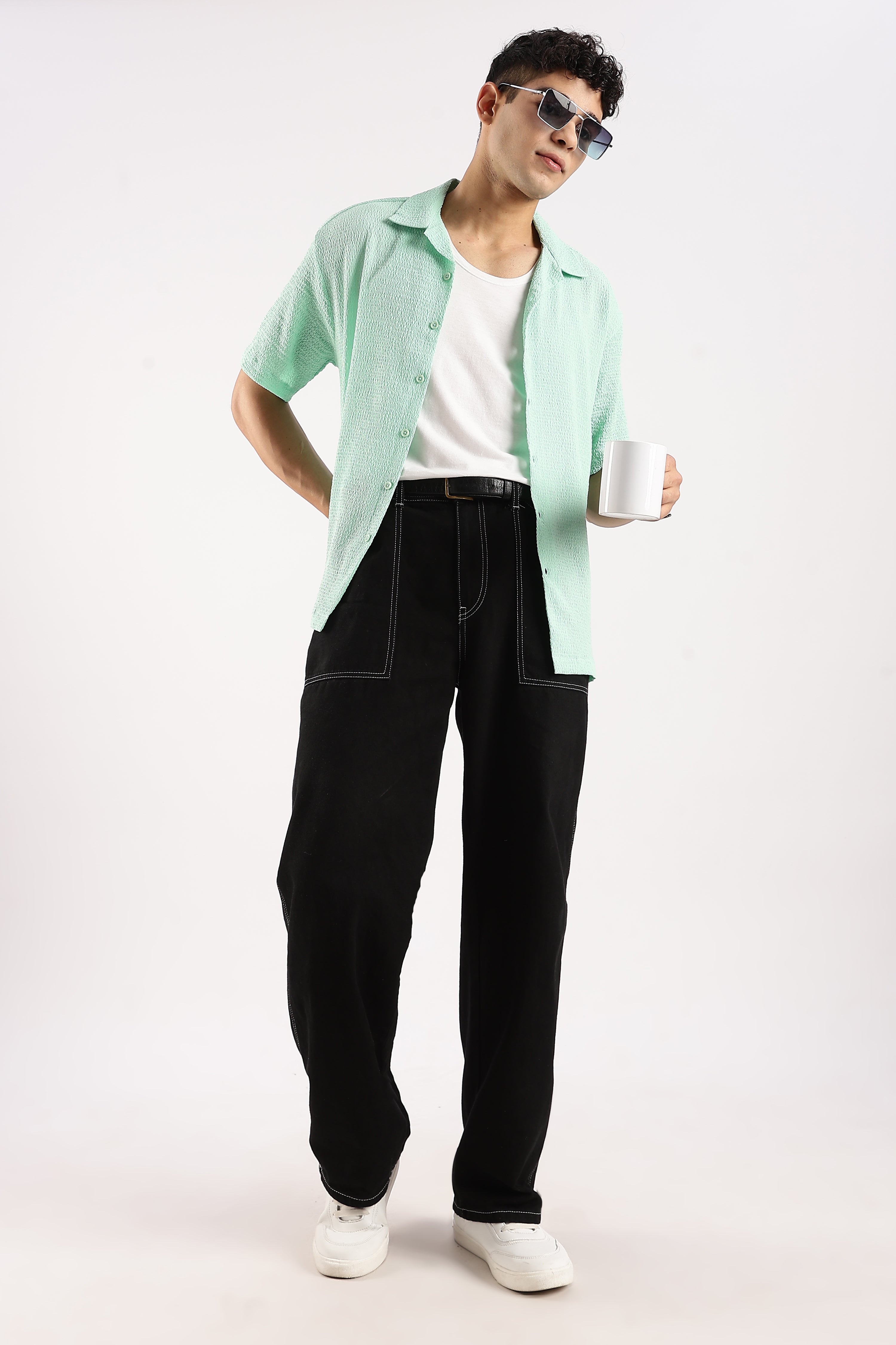 Men Green Poly Textured Shirt