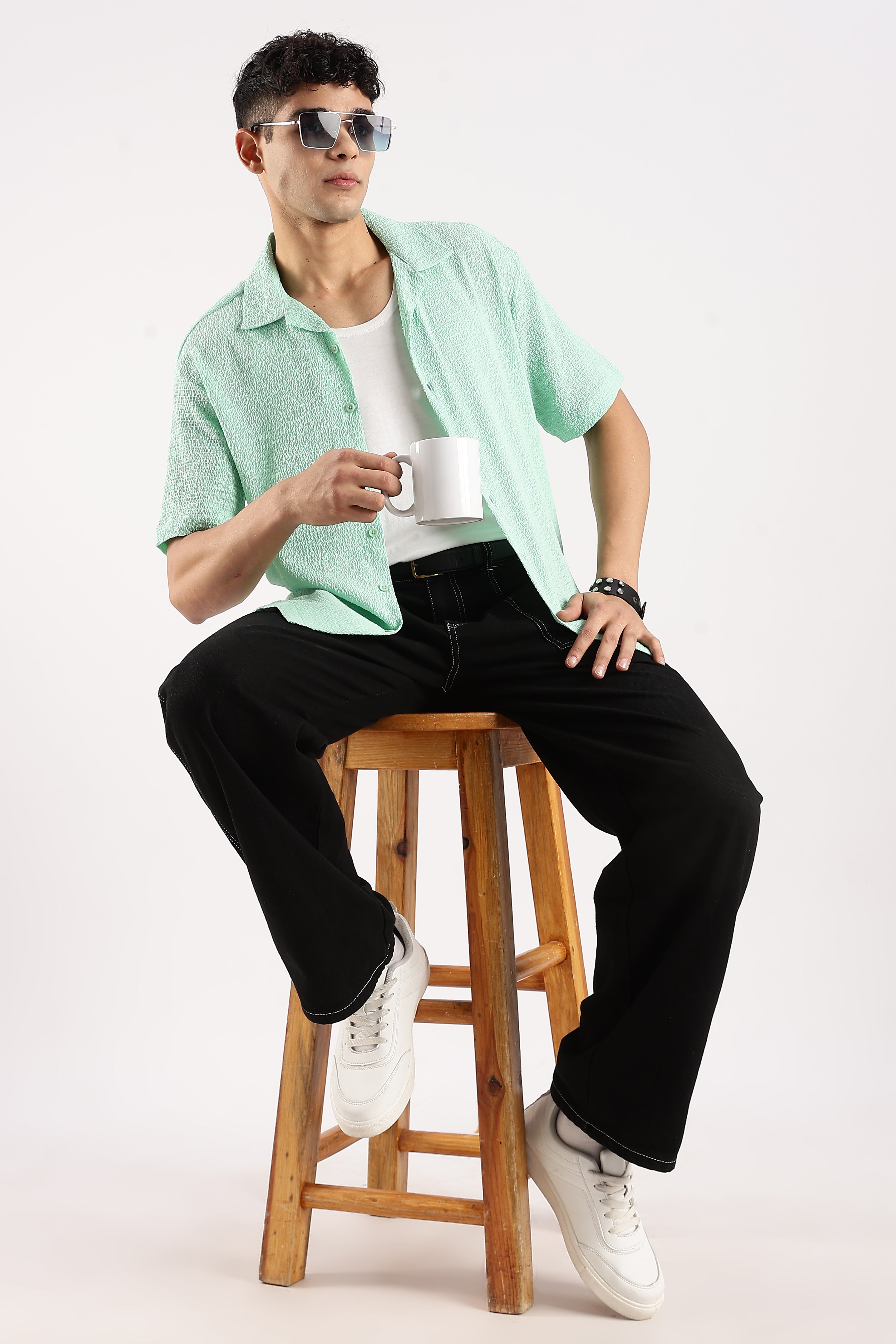 Men Green Poly Textured Shirt