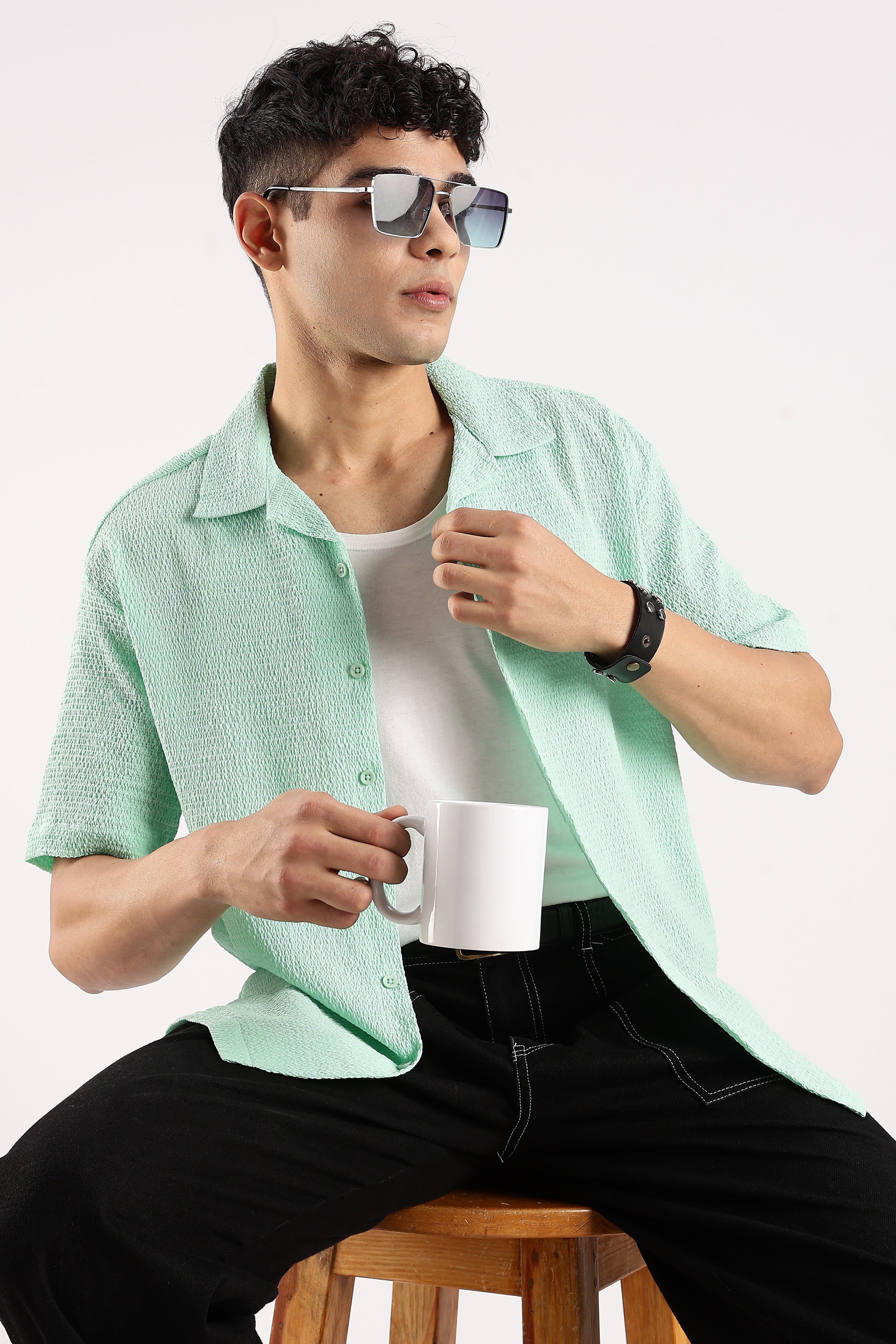 Men Green Poly Textured Shirt