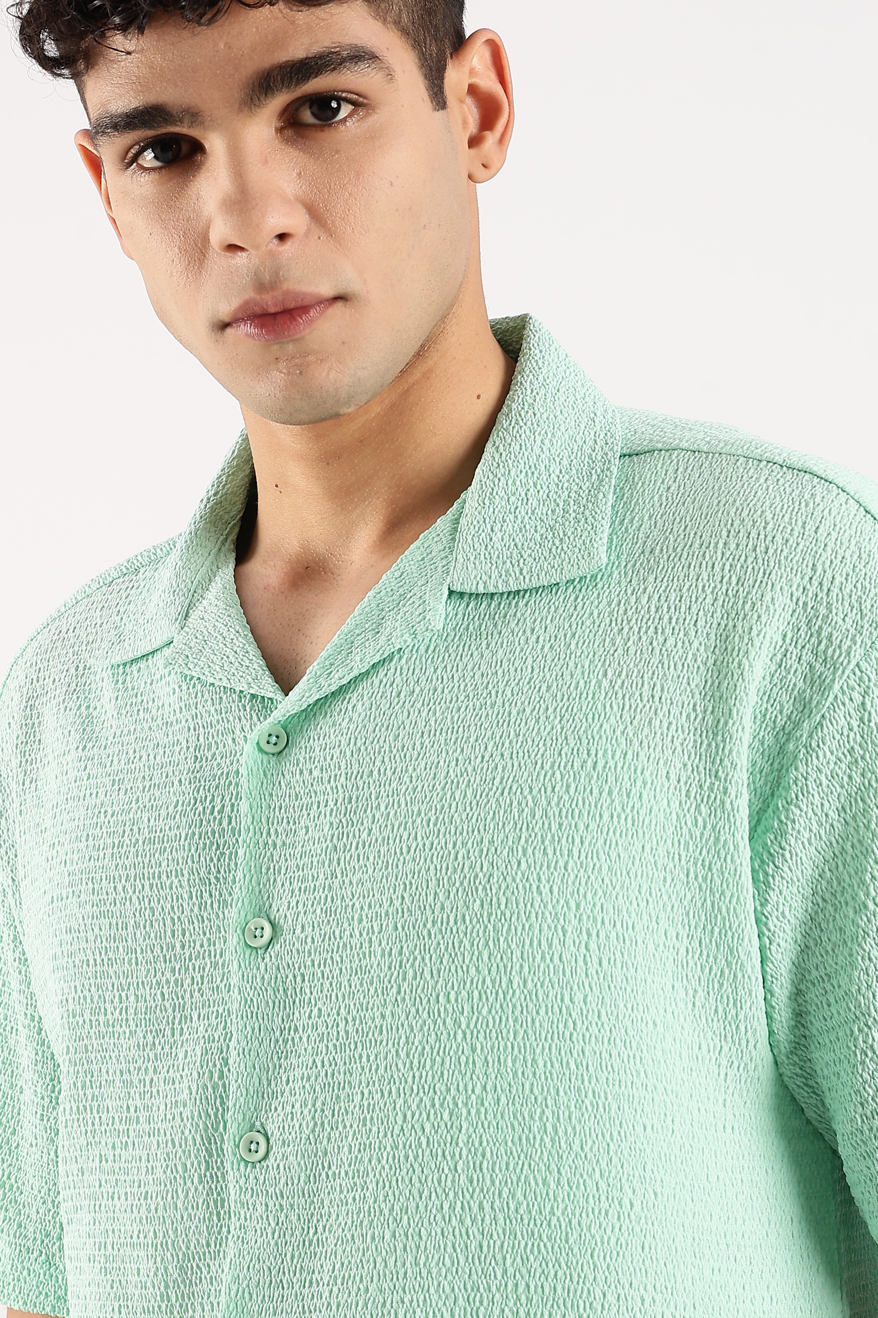 Men Green Poly Textured Shirt