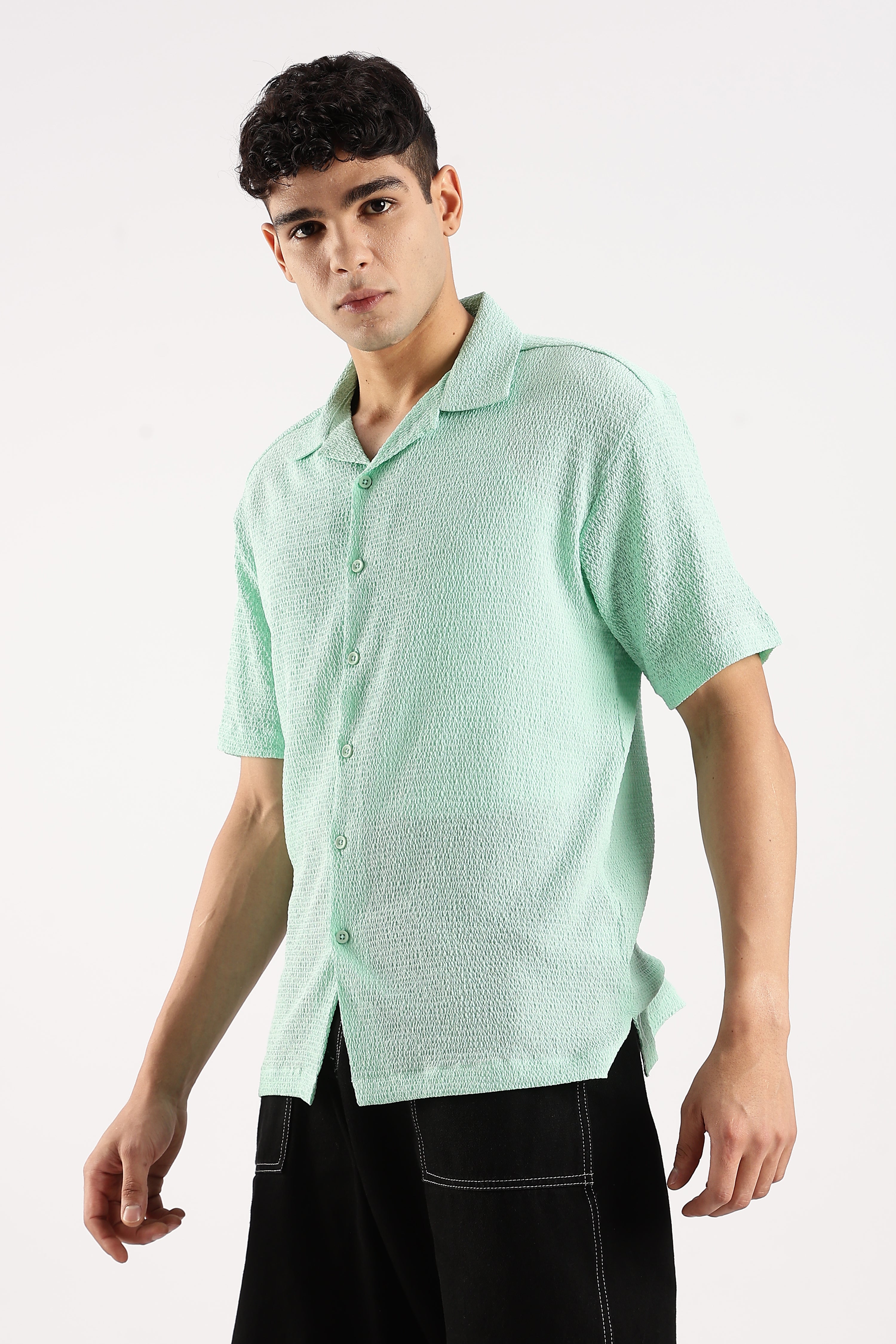 Men Green Poly Textured Shirt