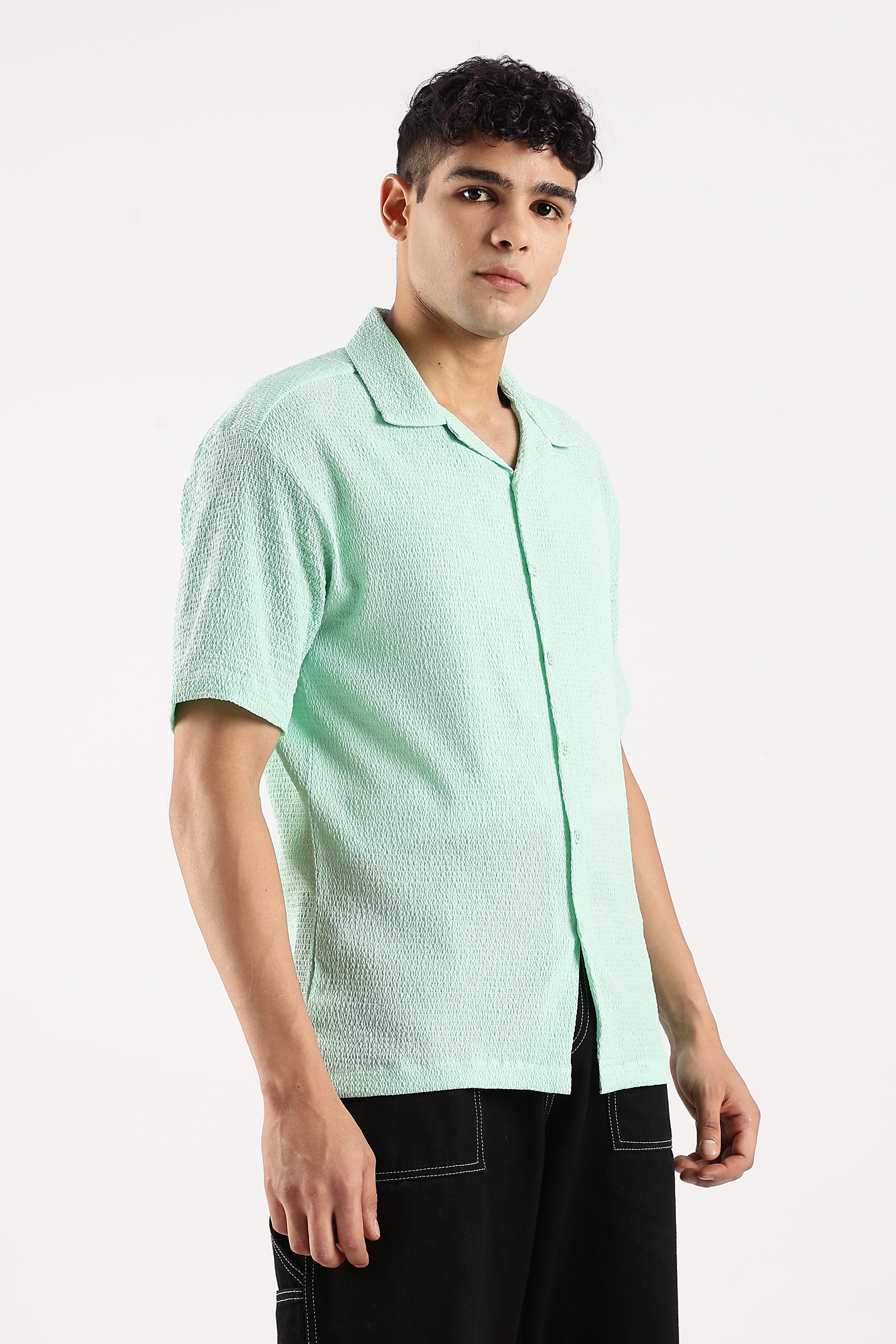 Men Green Poly Textured Shirt