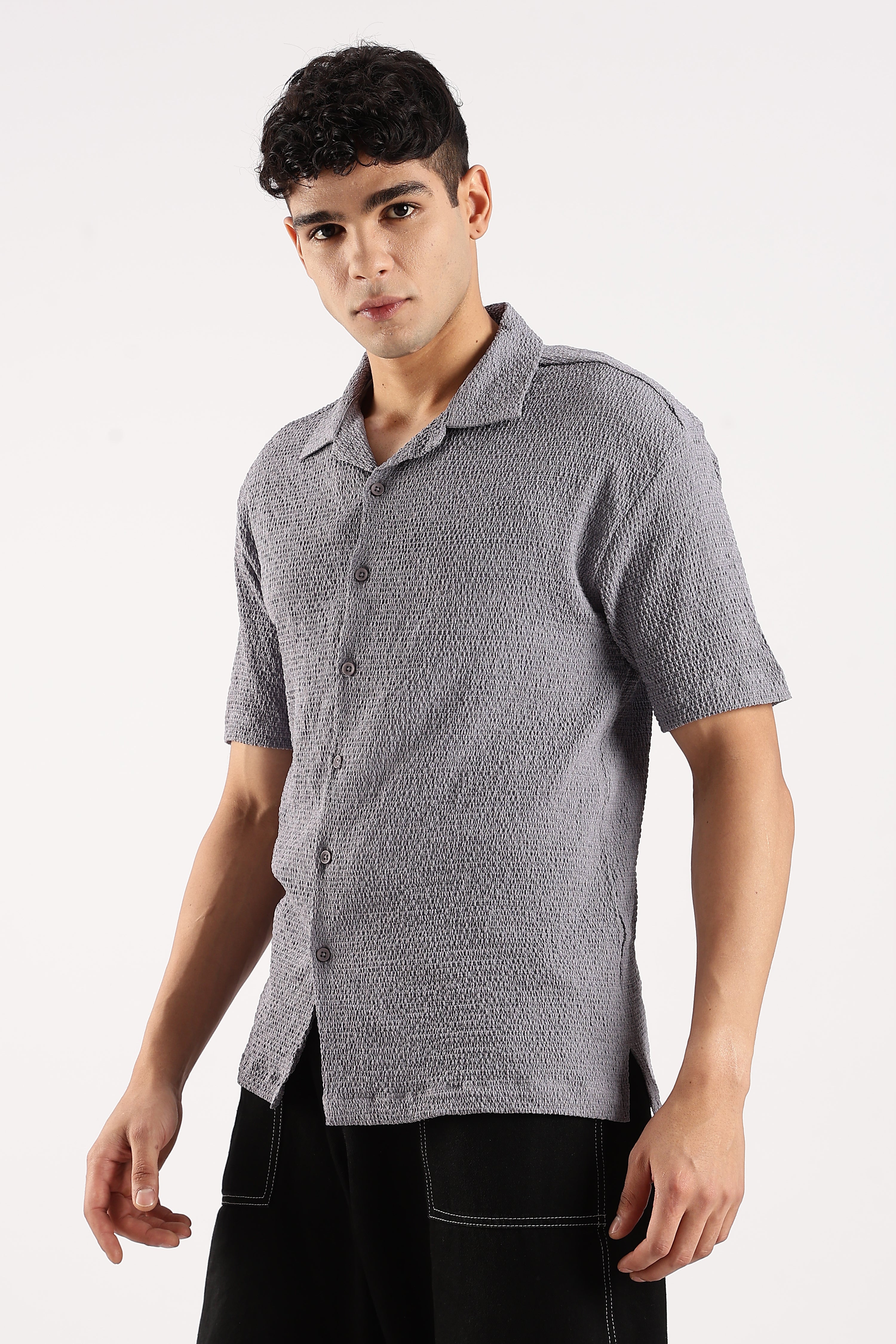 Men Grey Poly Textured Shirt