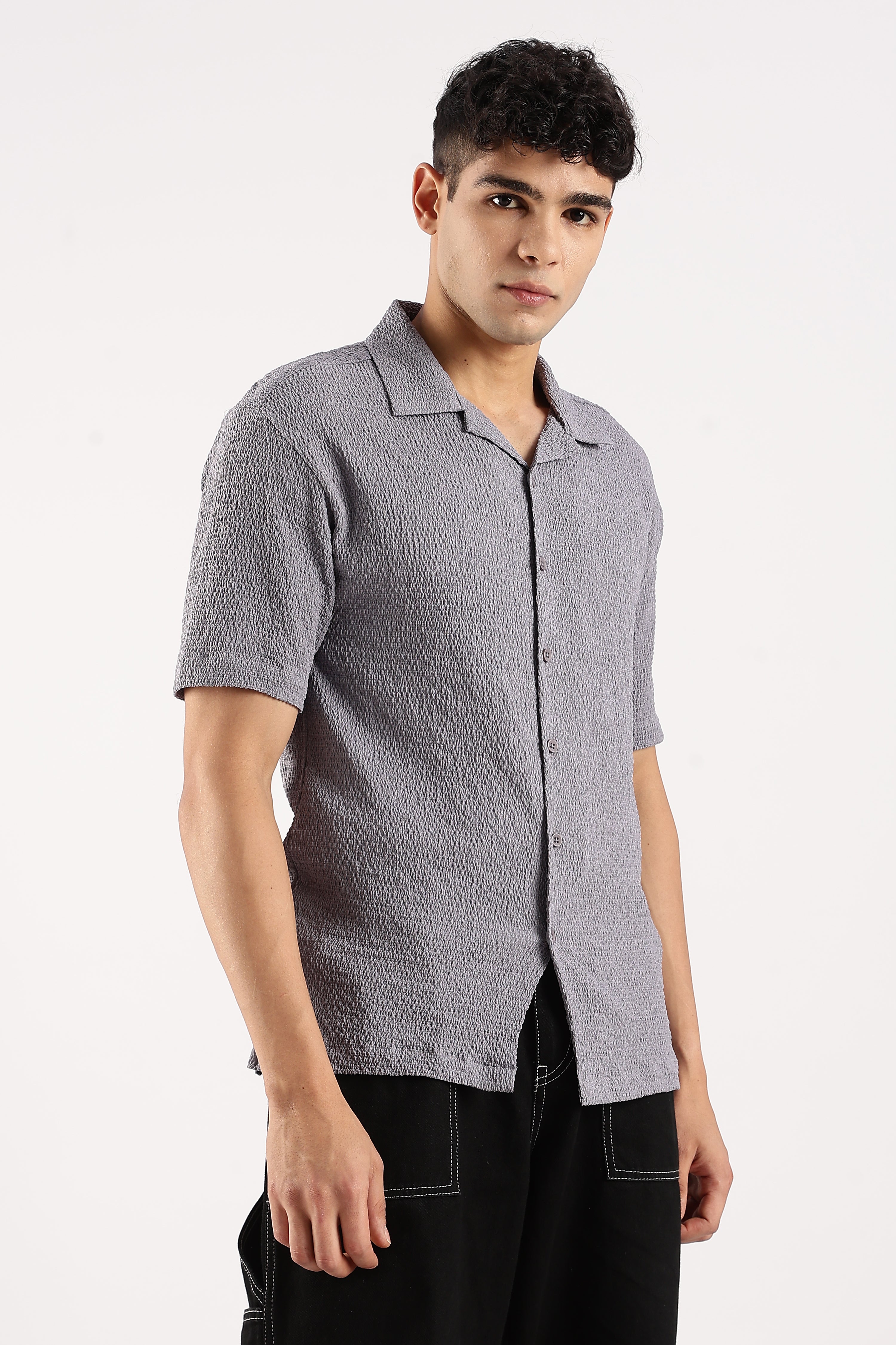 Men Grey Poly Textured Shirt