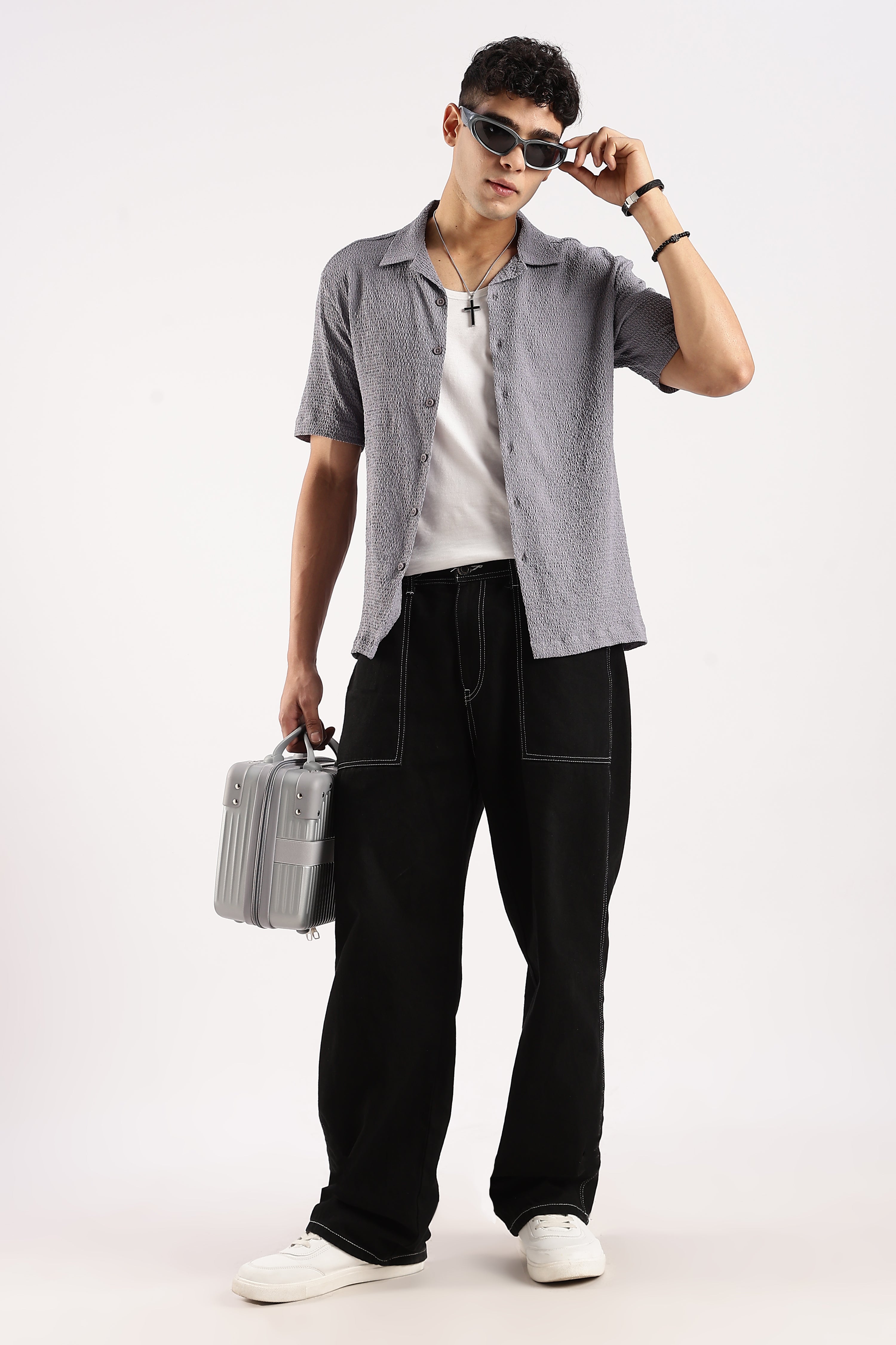 Men Grey Poly Textured Shirt