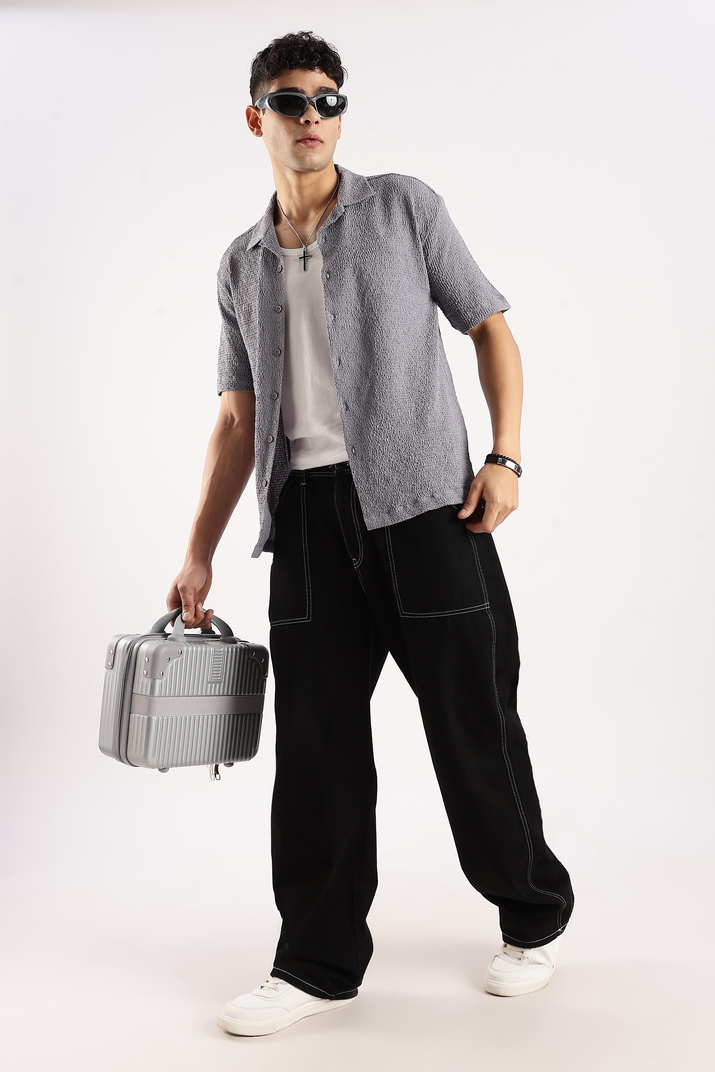 Men Grey Poly Textured Shirt