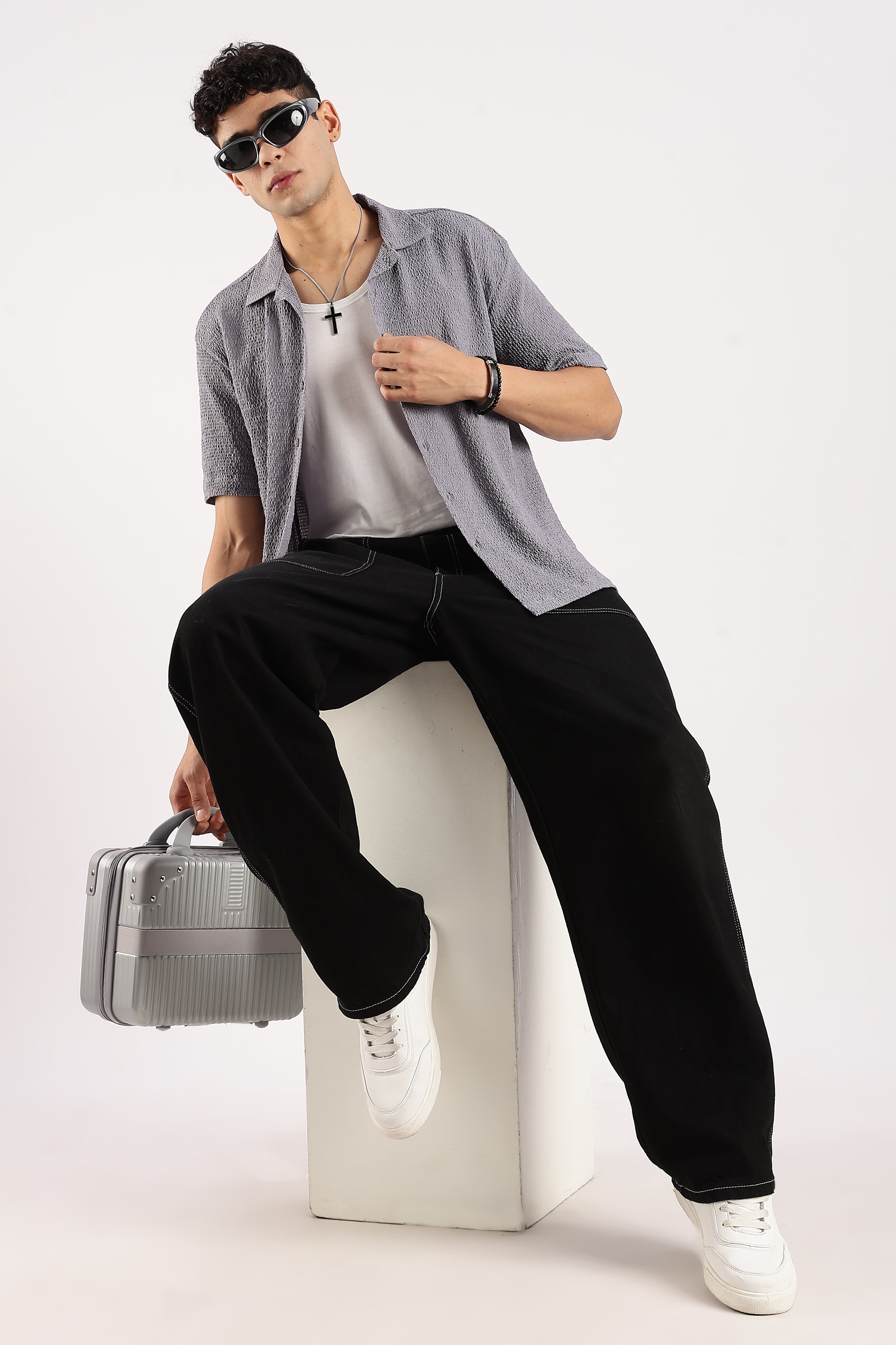 Men Grey Poly Textured Shirt