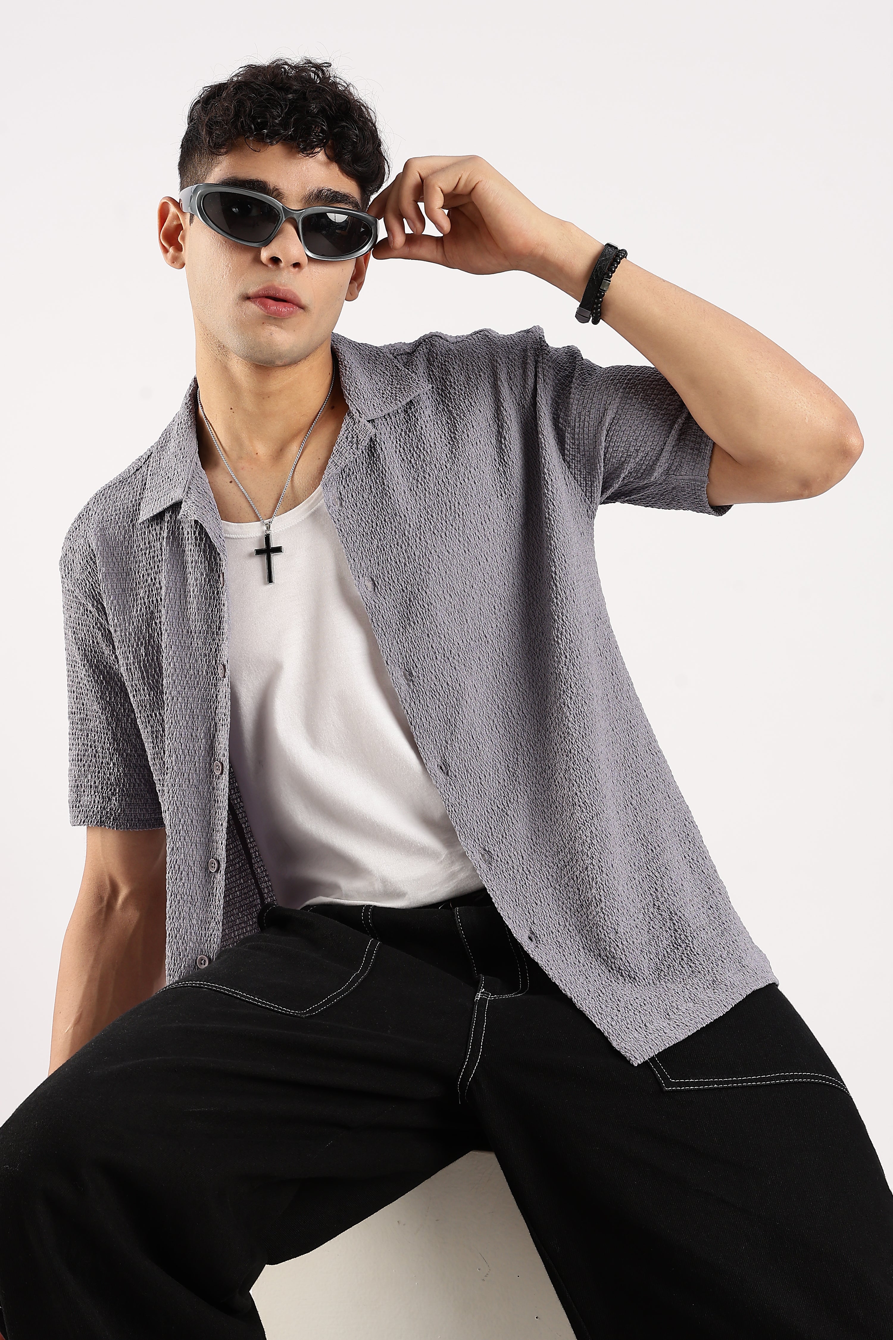 Men Grey Poly Textured Shirt