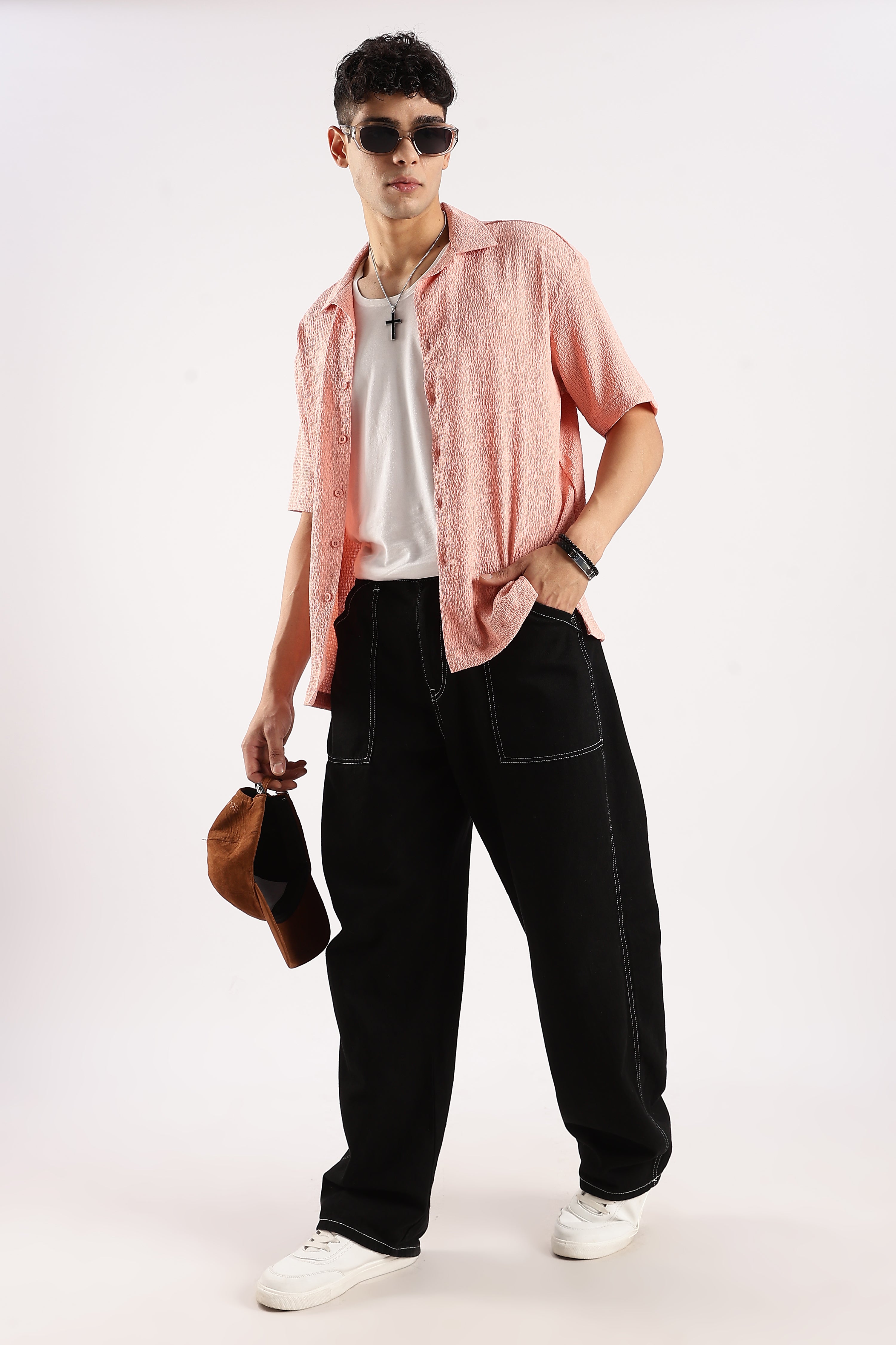 Men Peach Poly Textured Shirt