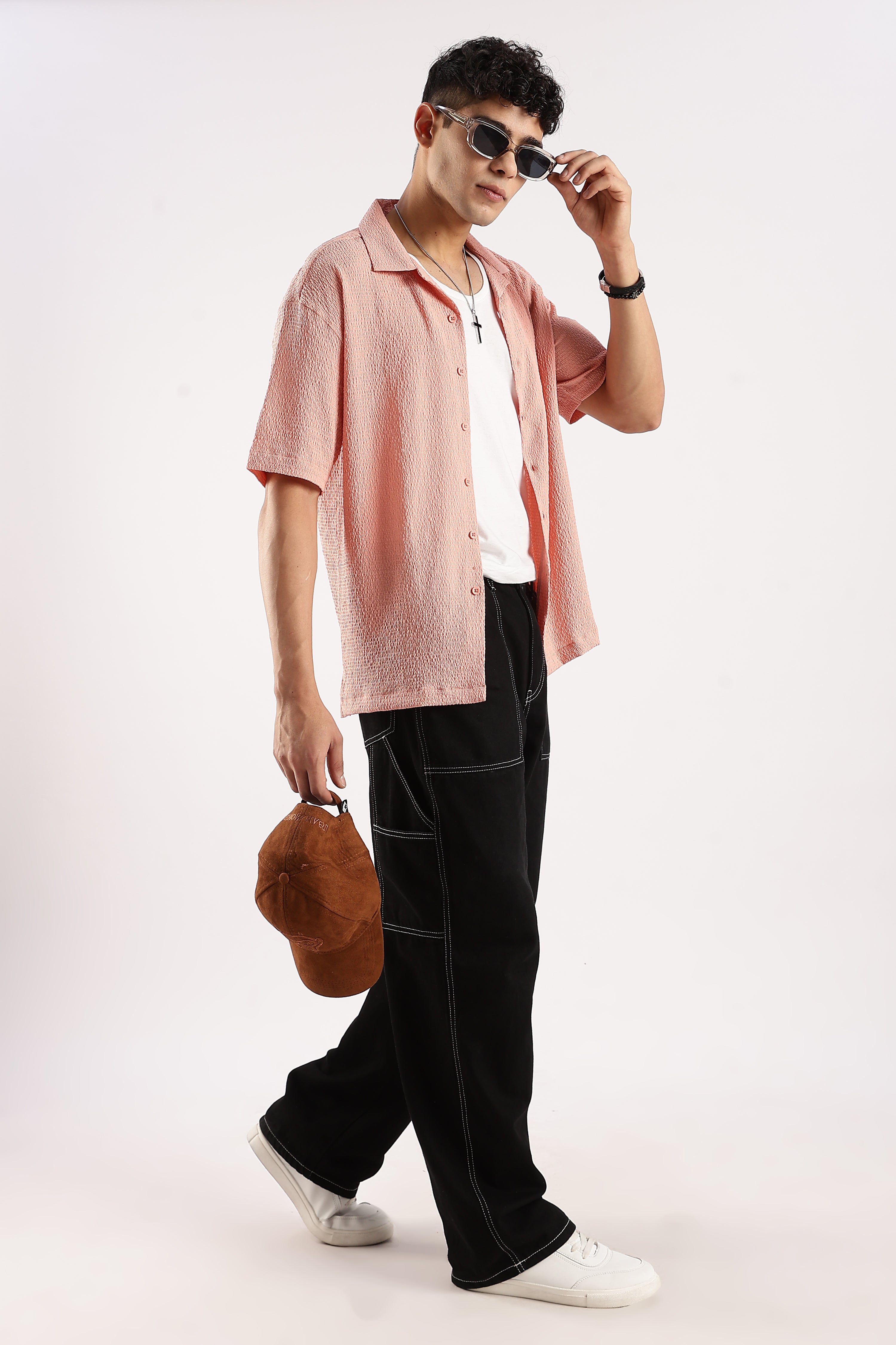 Men Peach Poly Textured Shirt