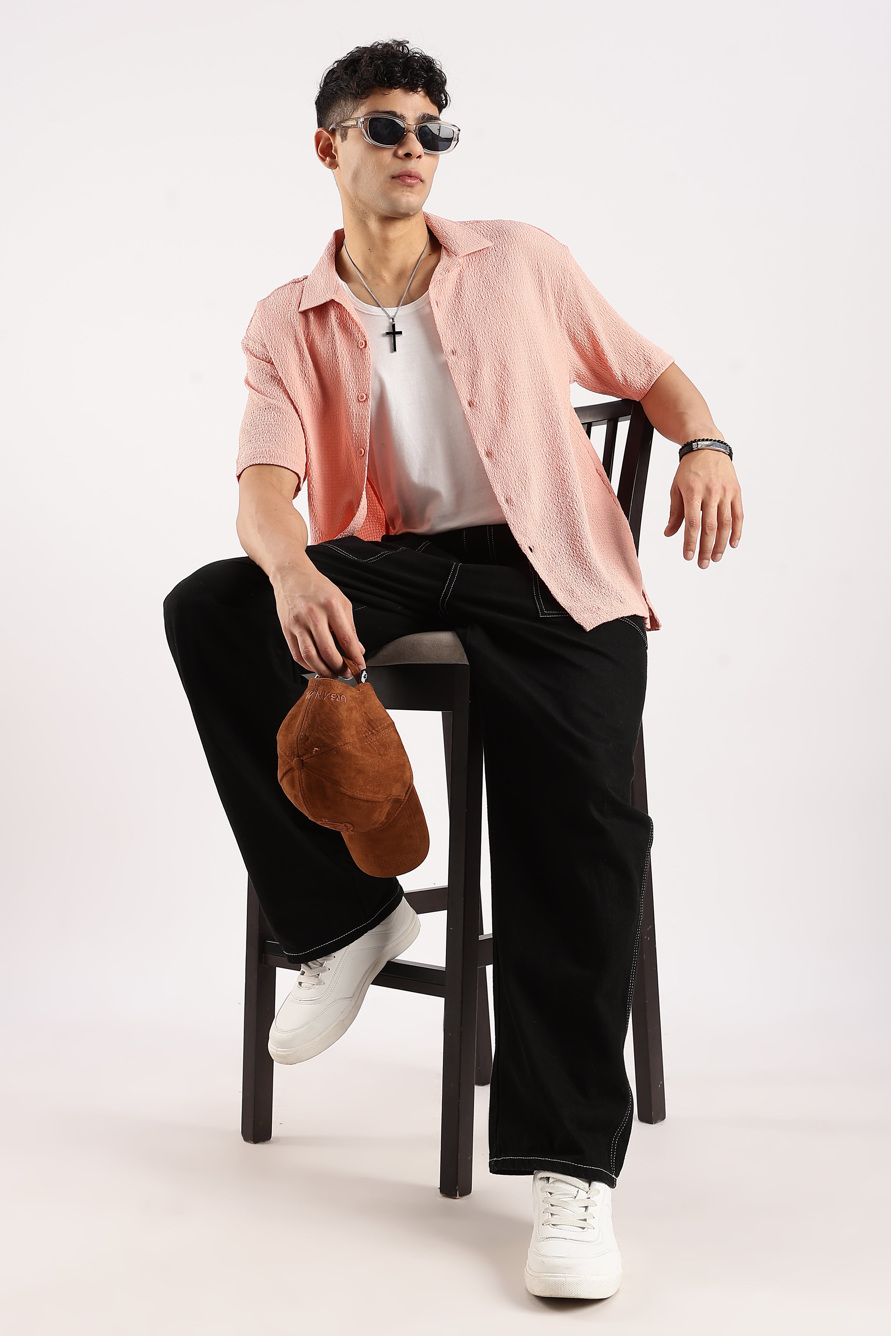 Men Peach Poly Textured Shirt