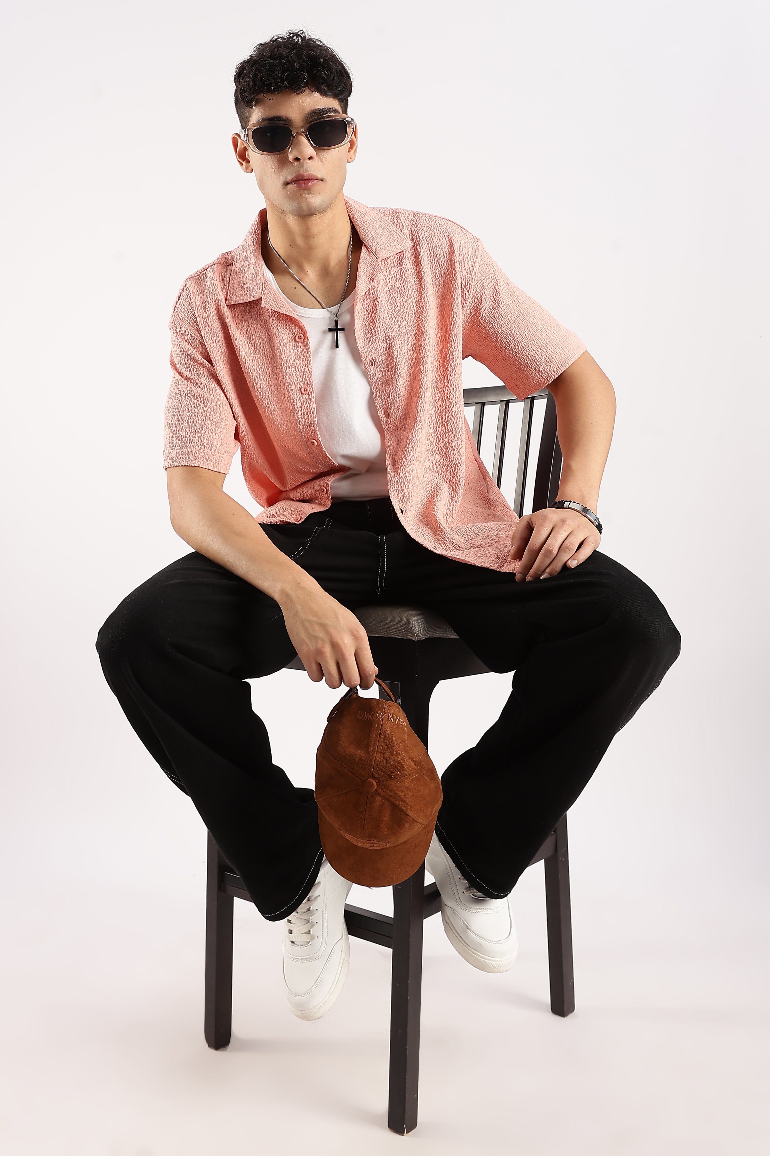 Men Peach Poly Textured Shirt