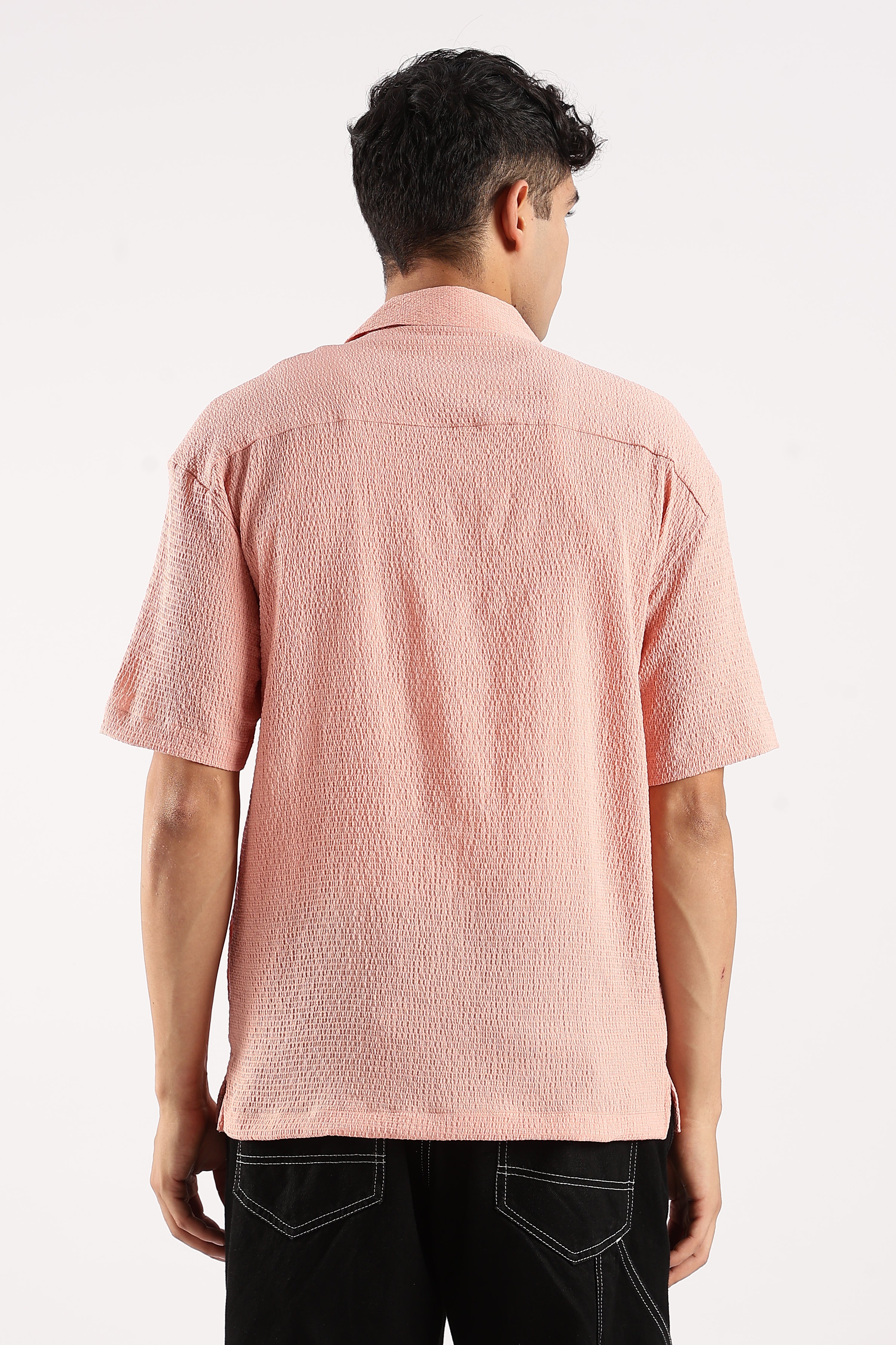 Men Peach Poly Textured Shirt