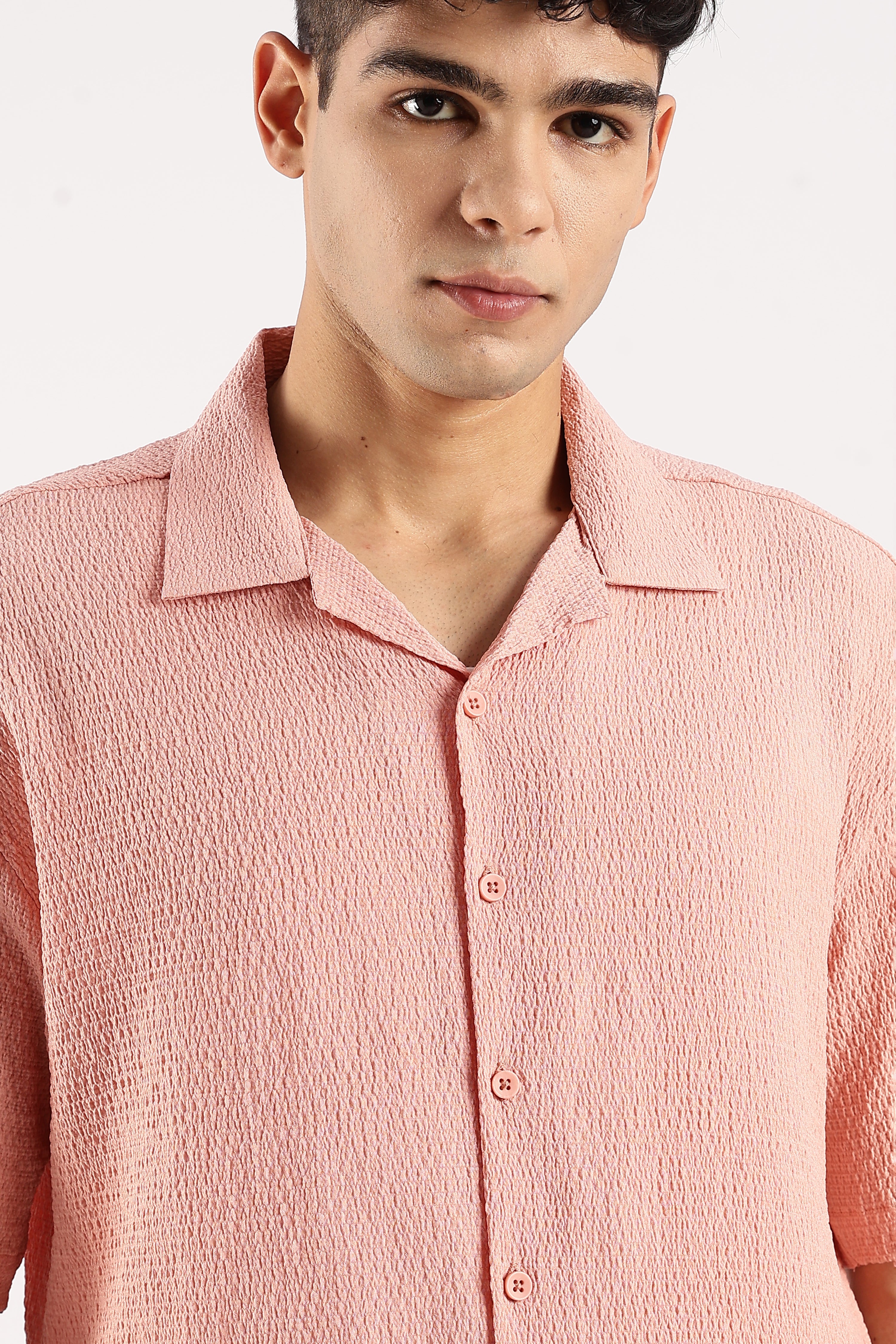 Men Peach Poly Textured Shirt
