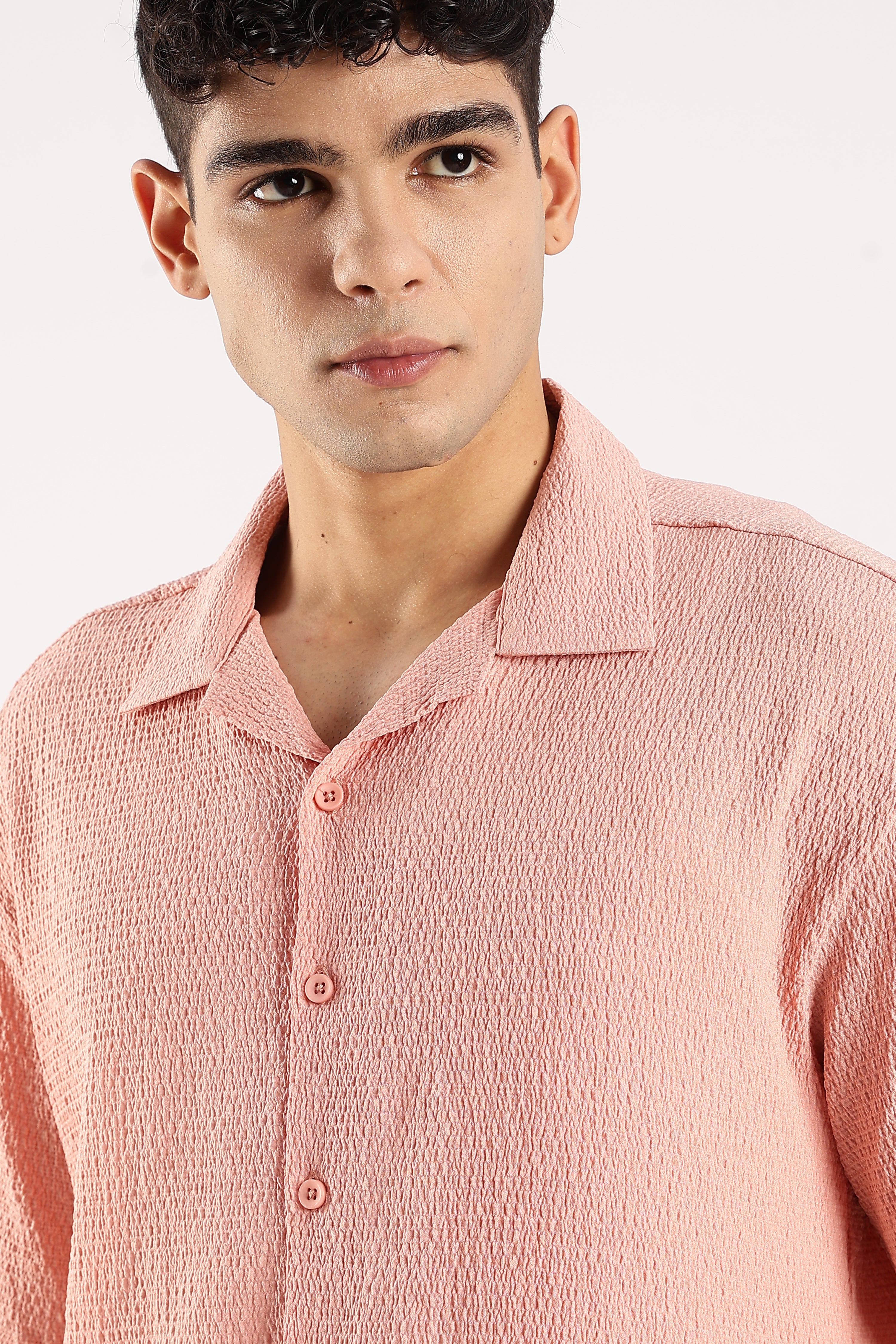 Men Peach Poly Textured Shirt