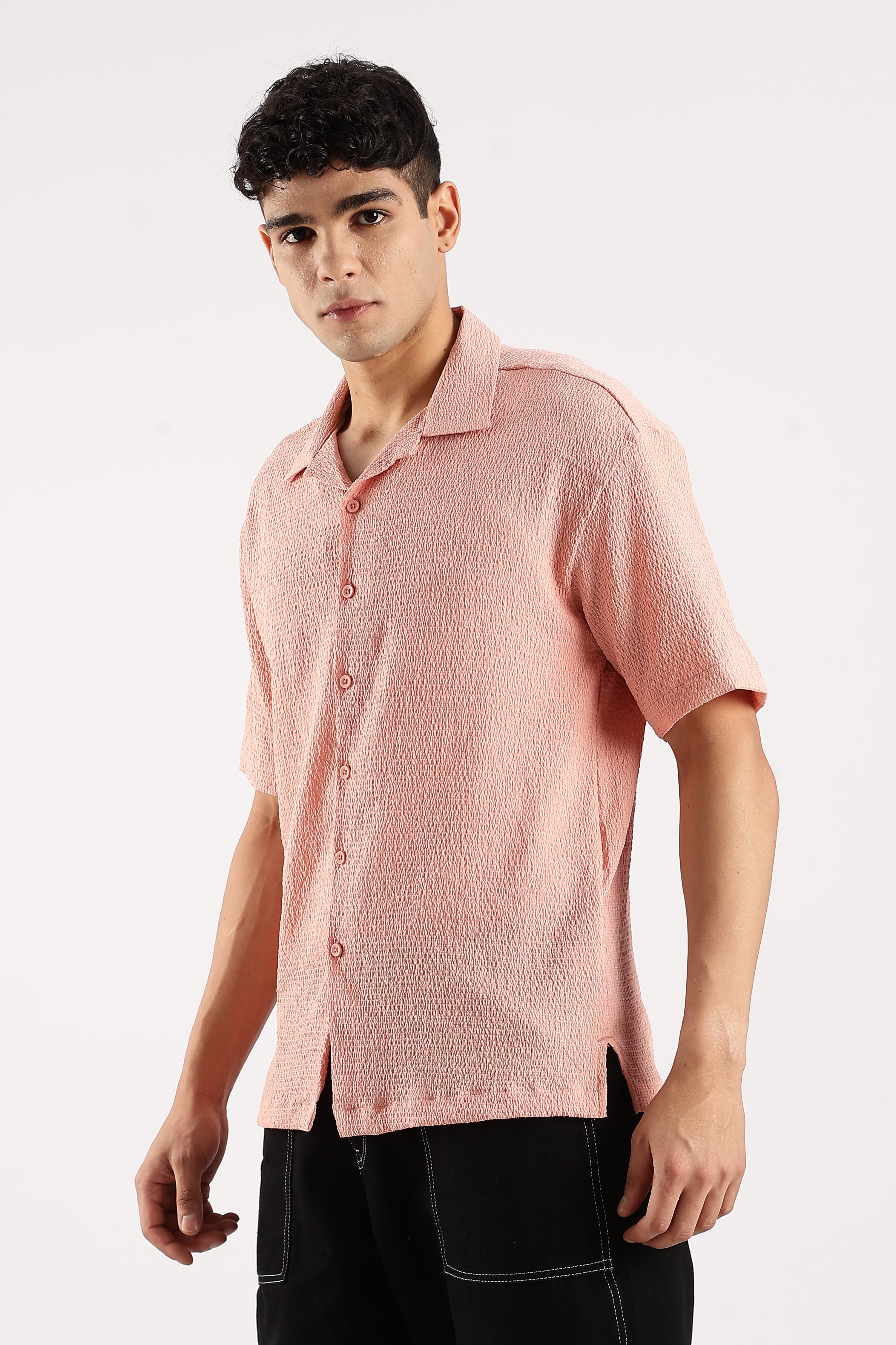 Men Peach Poly Textured Shirt