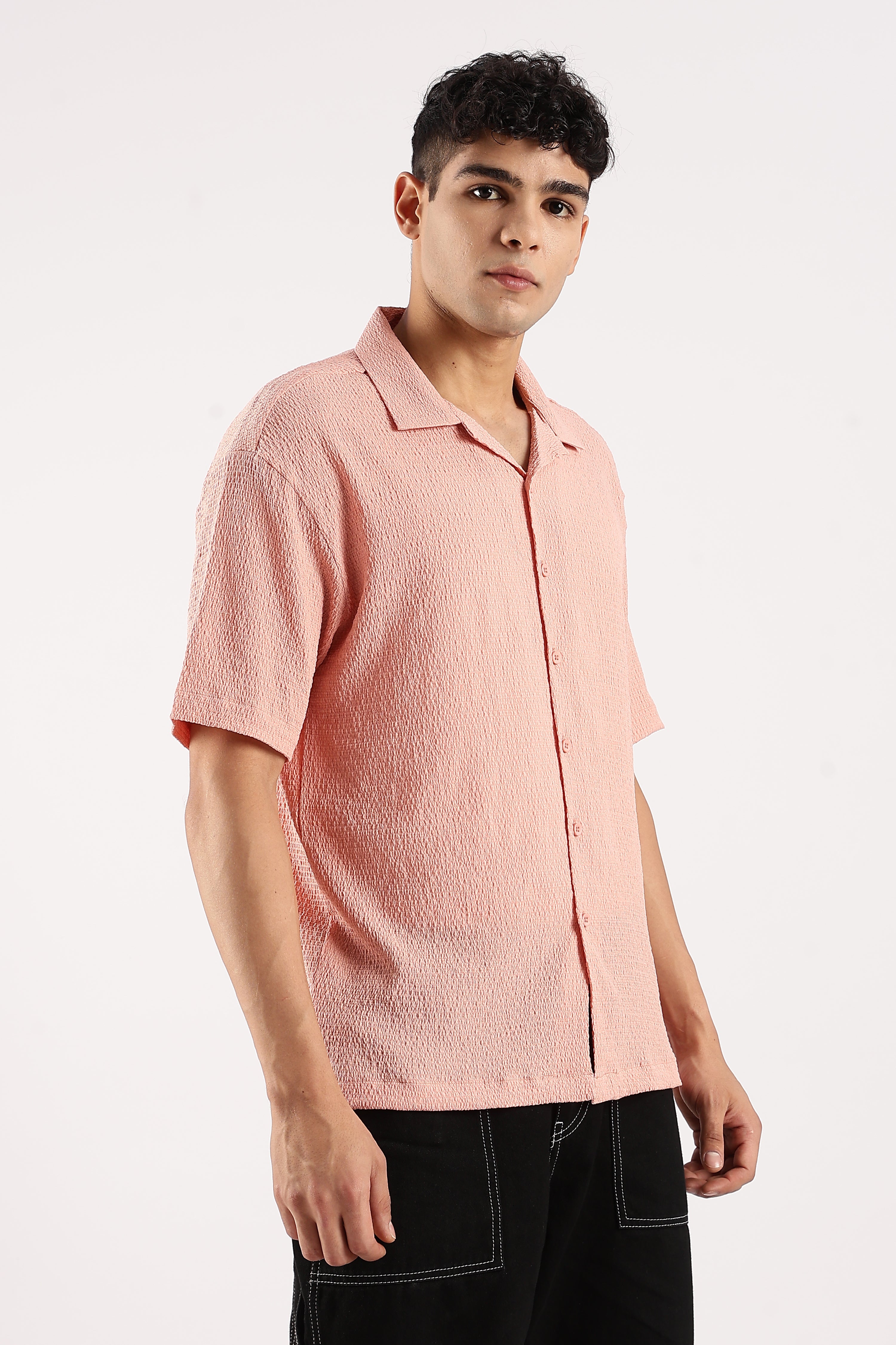 Men Peach Poly Textured Shirt