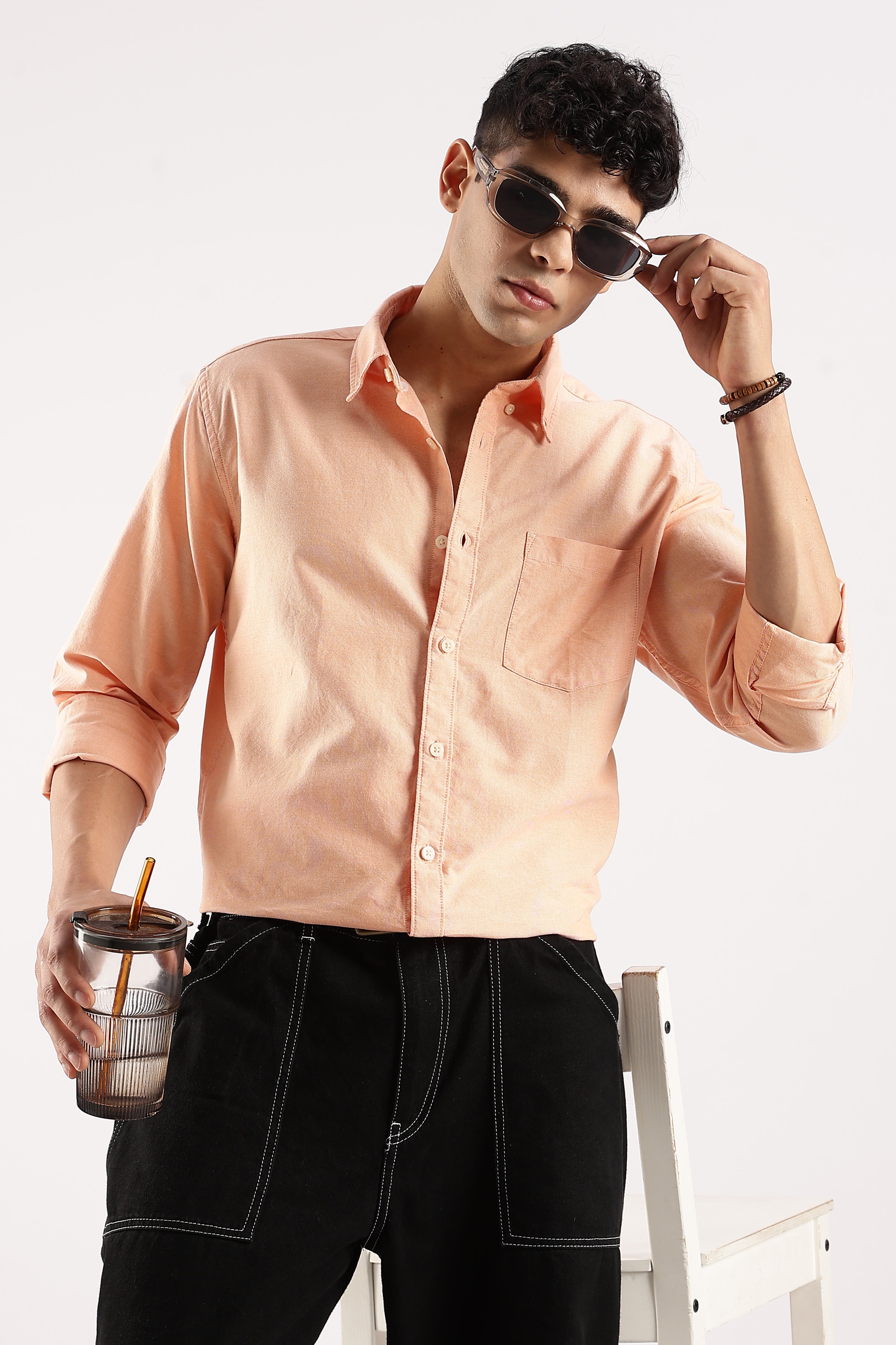 Men Orange Cotton Oxford Shirt