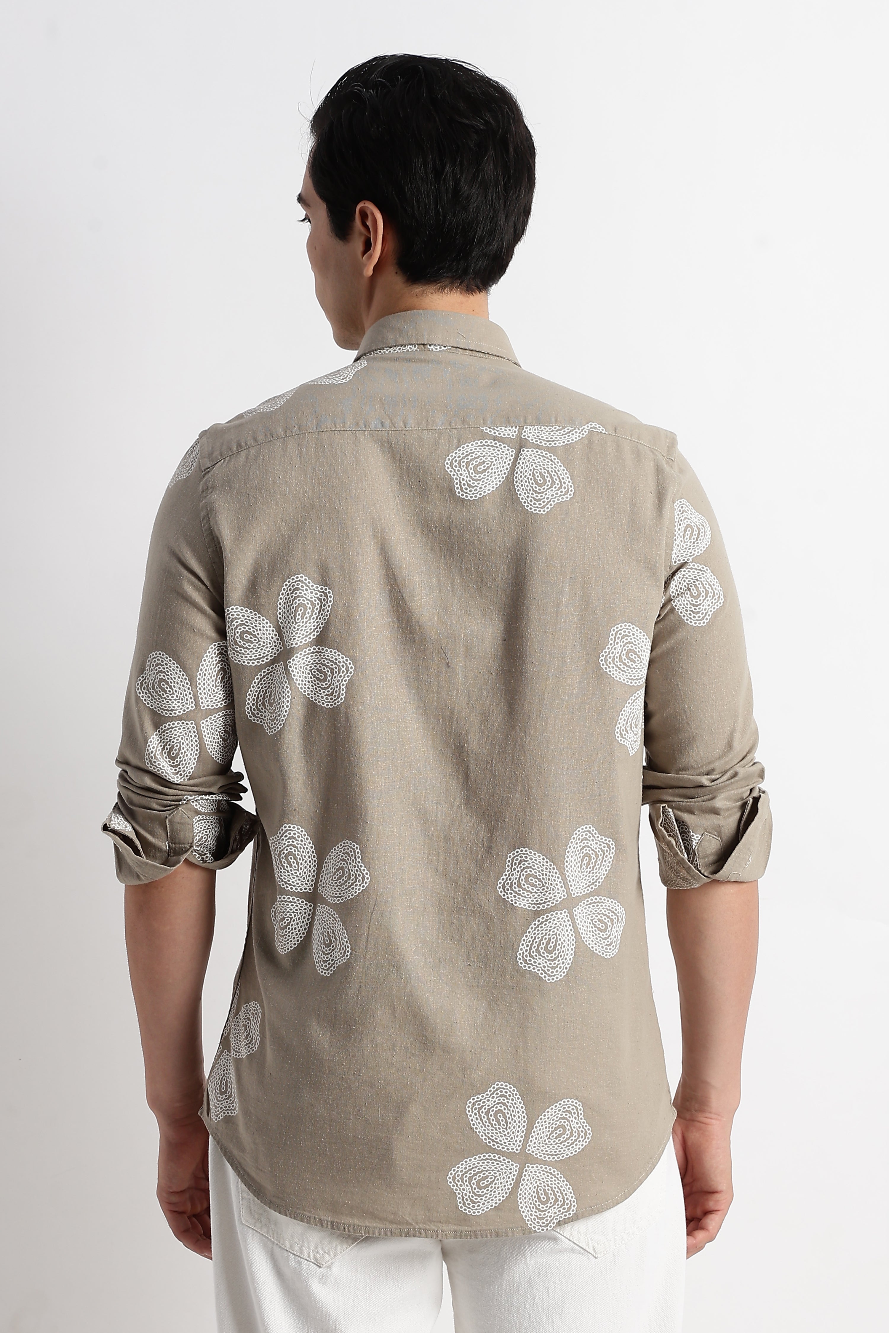 Men Floral Embroidered Cotton Linen Shirt