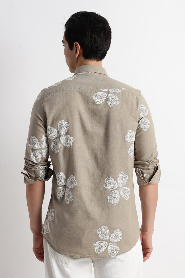 Men Floral Embroidered Cotton Linen Shirt