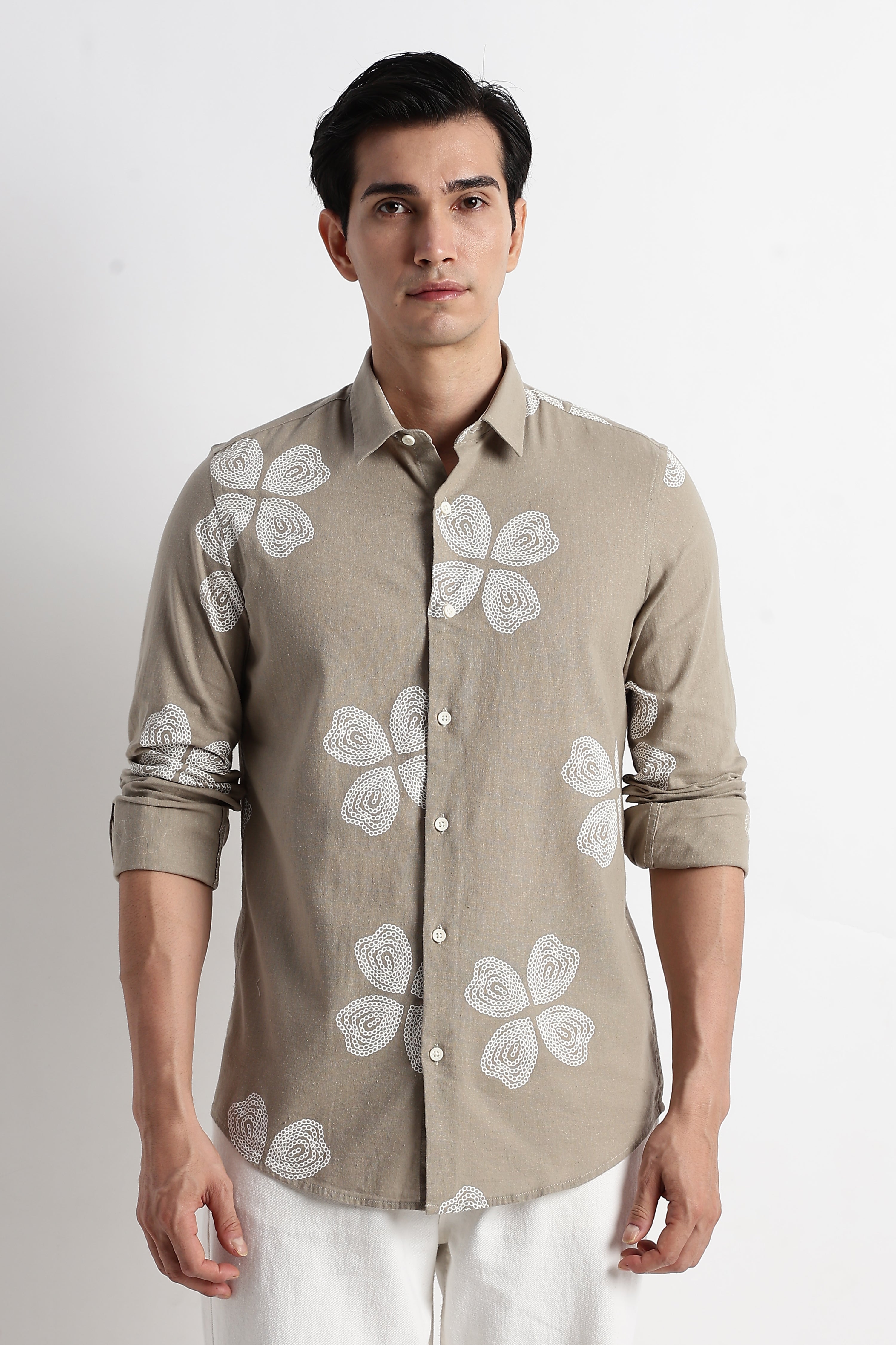 Men Floral Embroidered Cotton Linen Shirt
