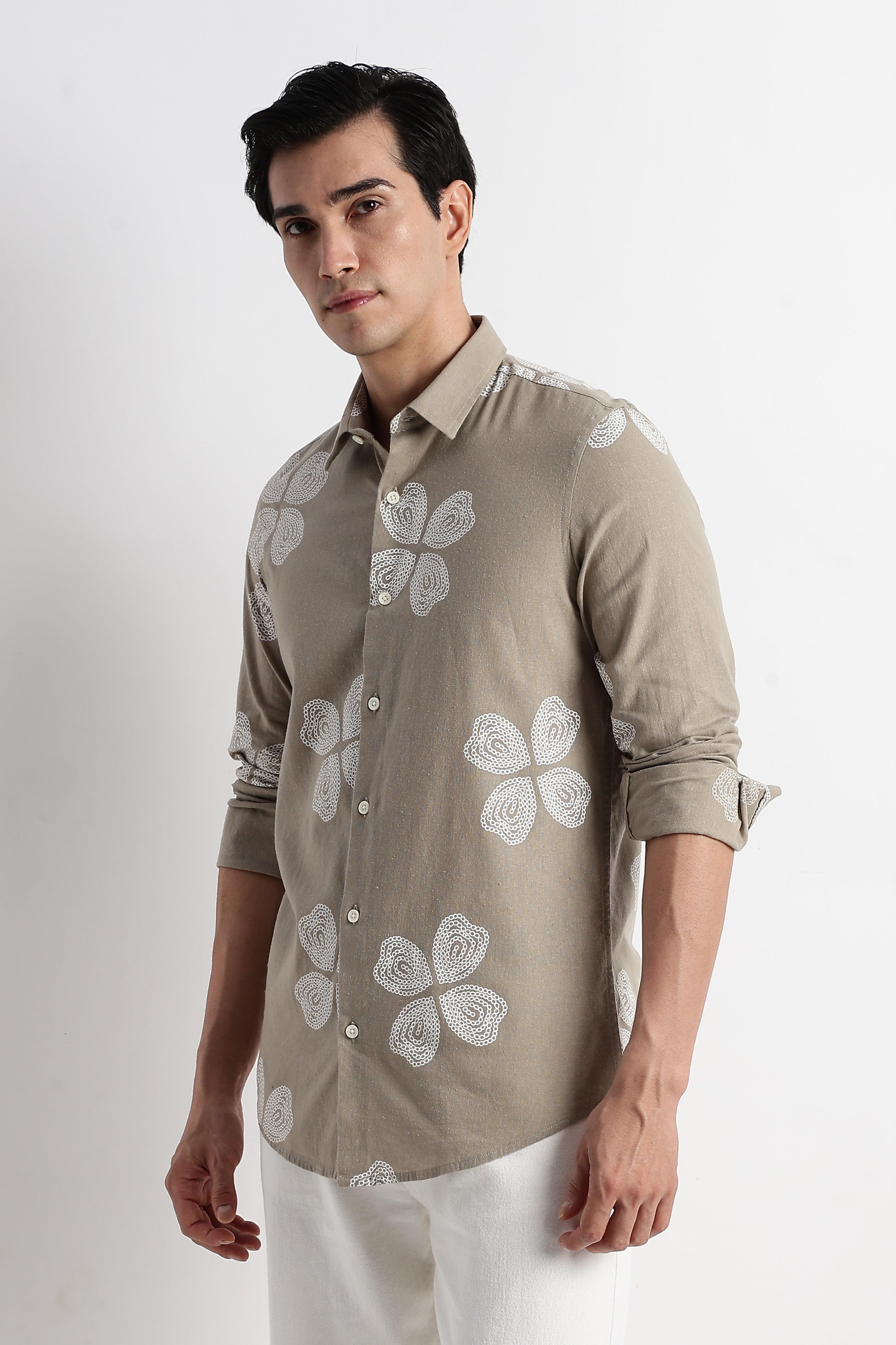 Men Floral Embroidered Cotton Linen Shirt
