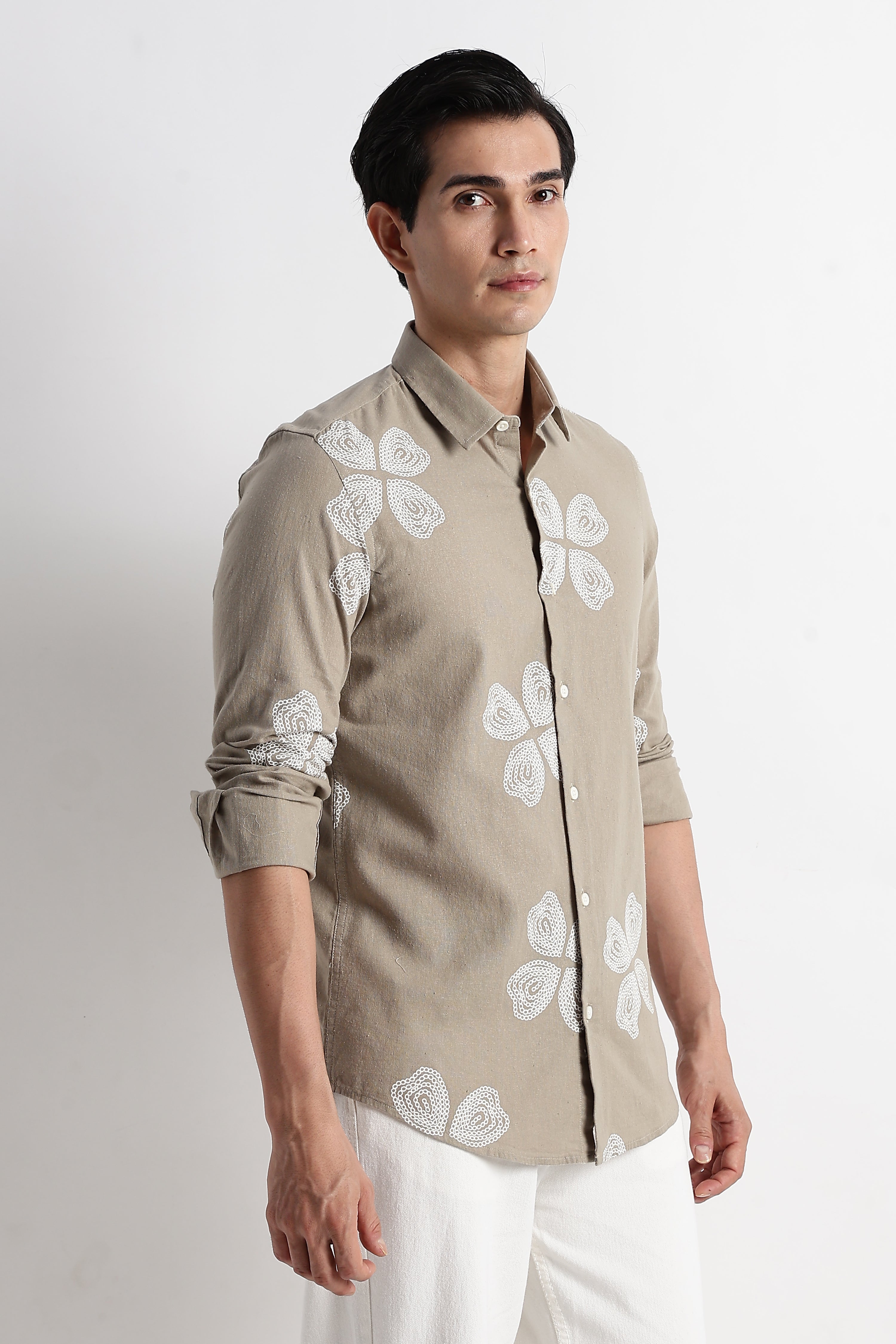 Men Floral Embroidered Cotton Linen Shirt