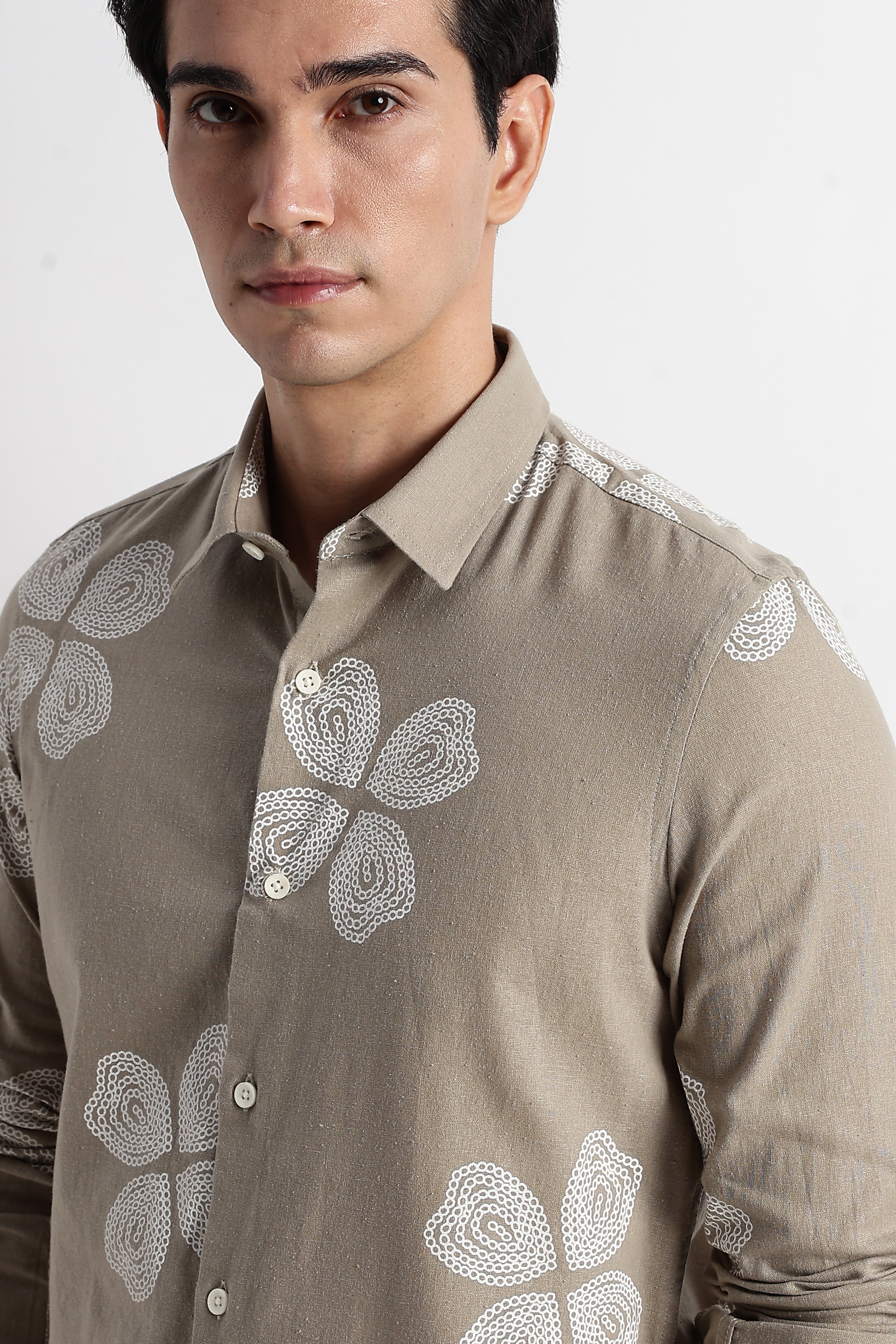 Men Floral Embroidered Cotton Linen Shirt