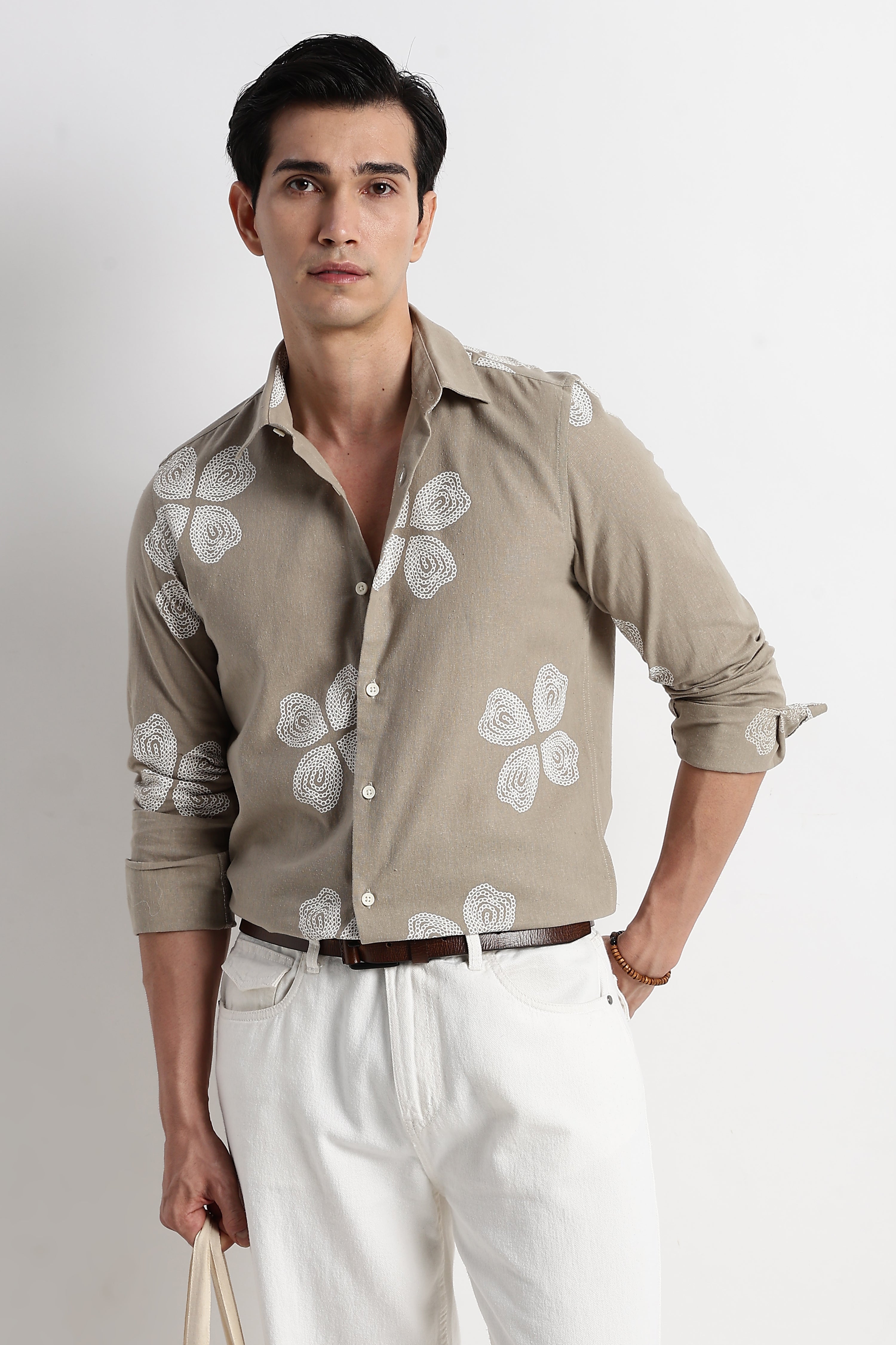 Men Floral Embroidered Cotton Linen Shirt