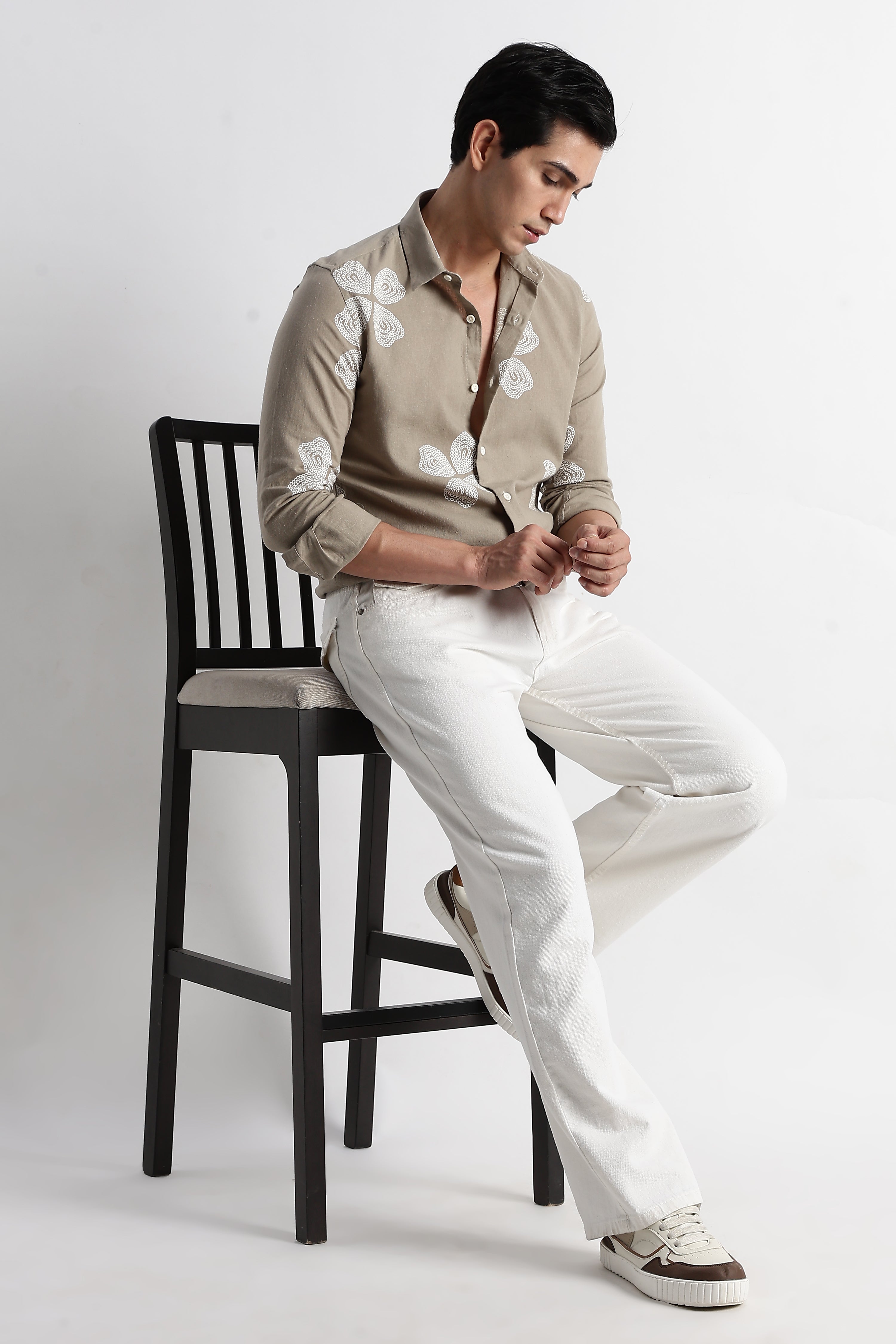 Men Floral Embroidered Cotton Linen Shirt