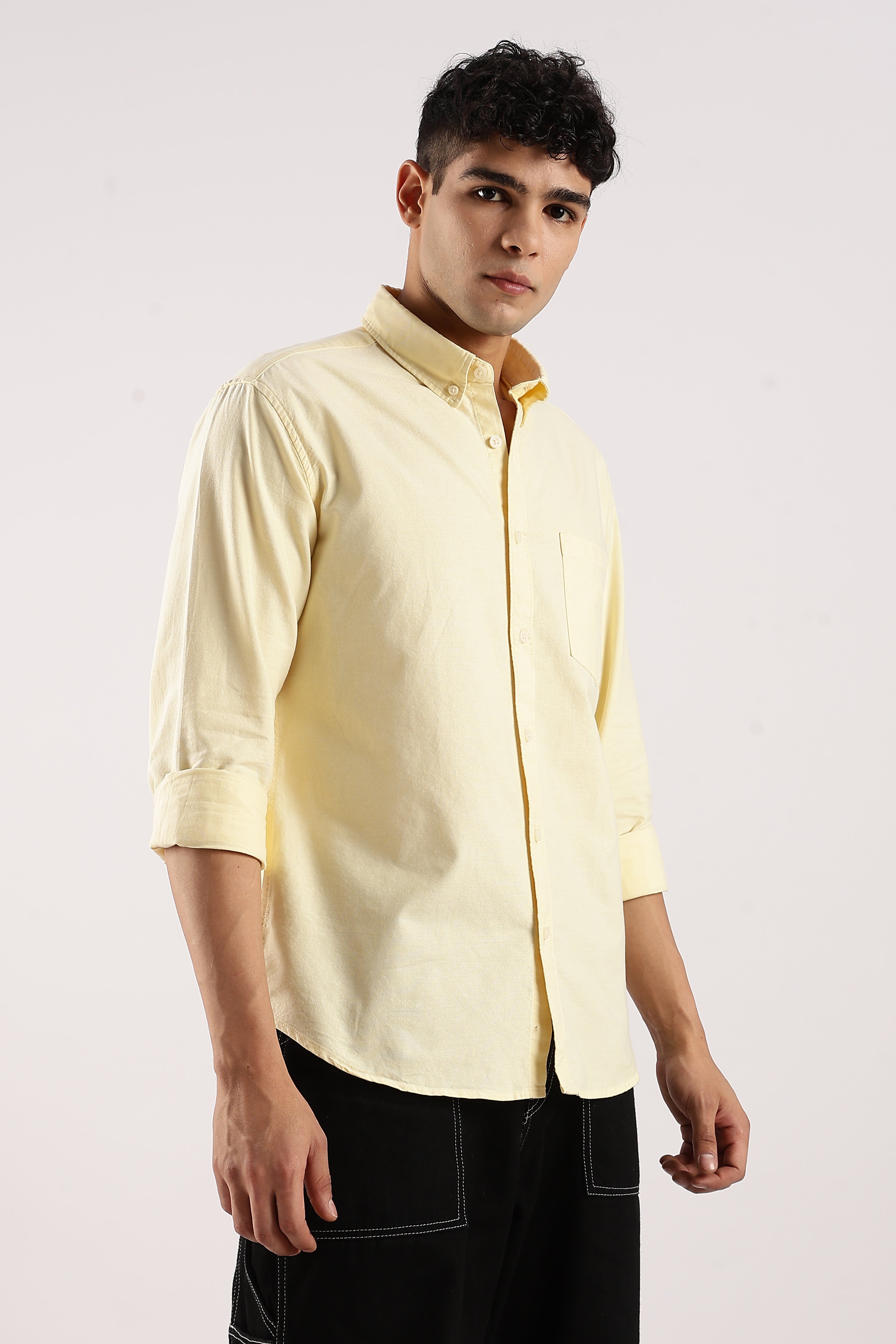 Men Yellow Cotton Oxford Shirt