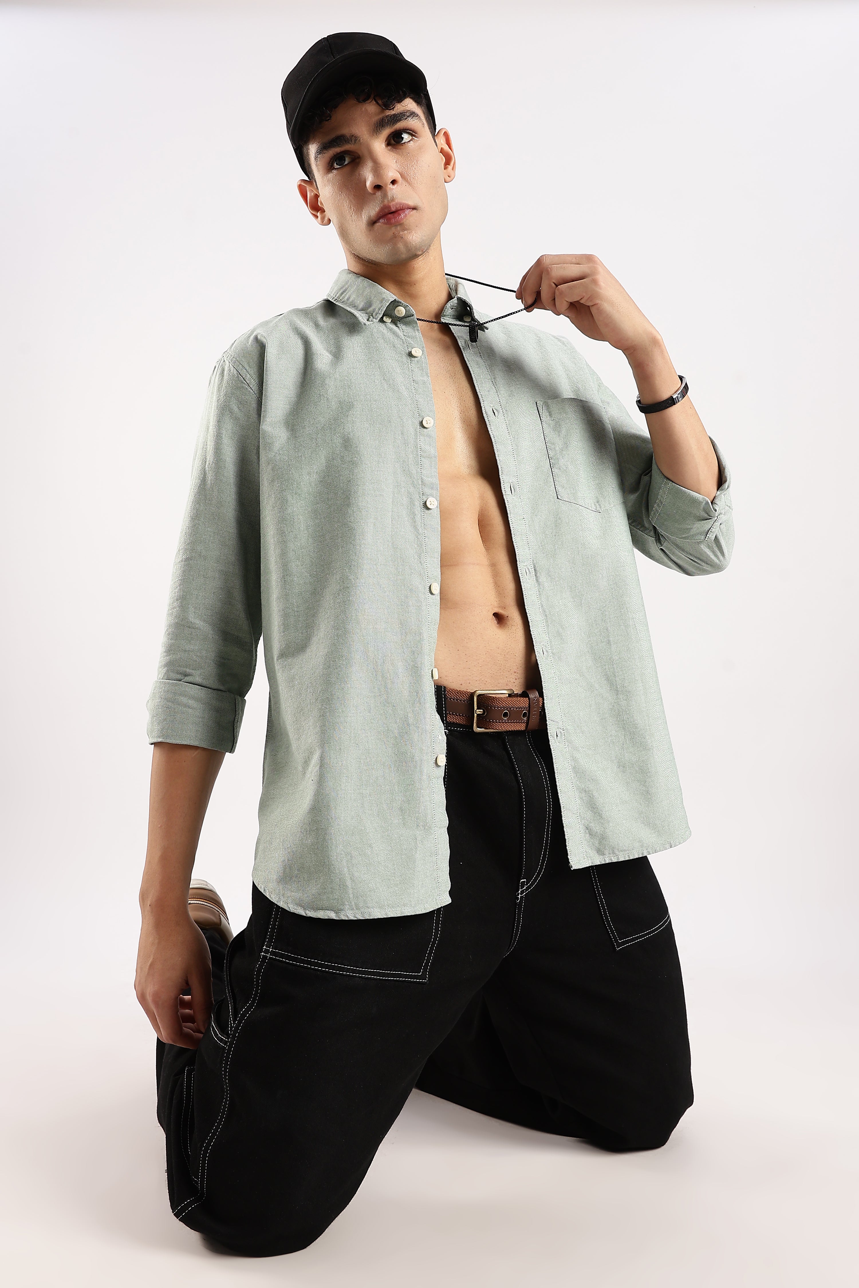 Men Green Cotton Oxford Shirt