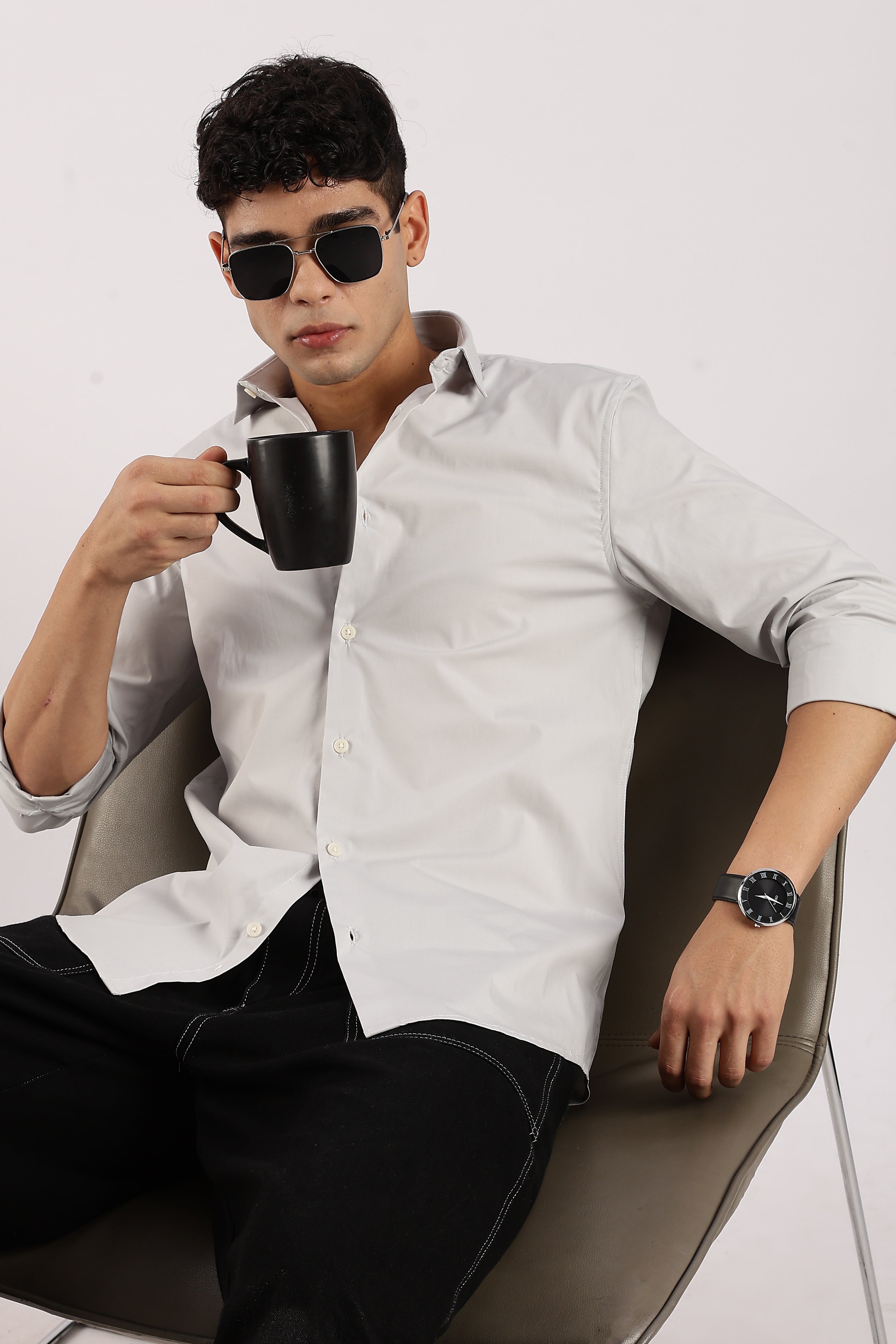 Men Grey Cotton Lycra Shirt