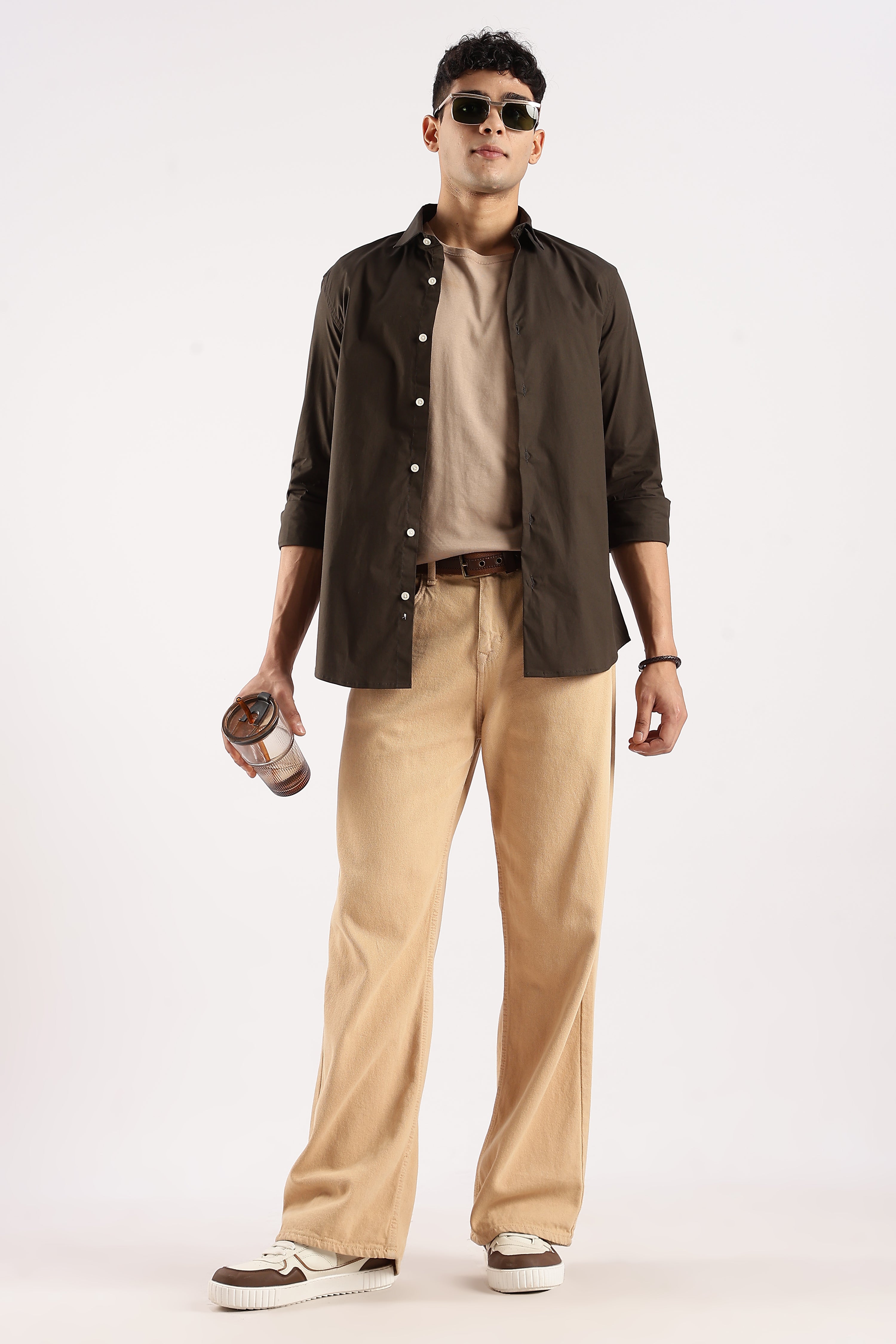 Men Olive Cotton Lycra Shirt