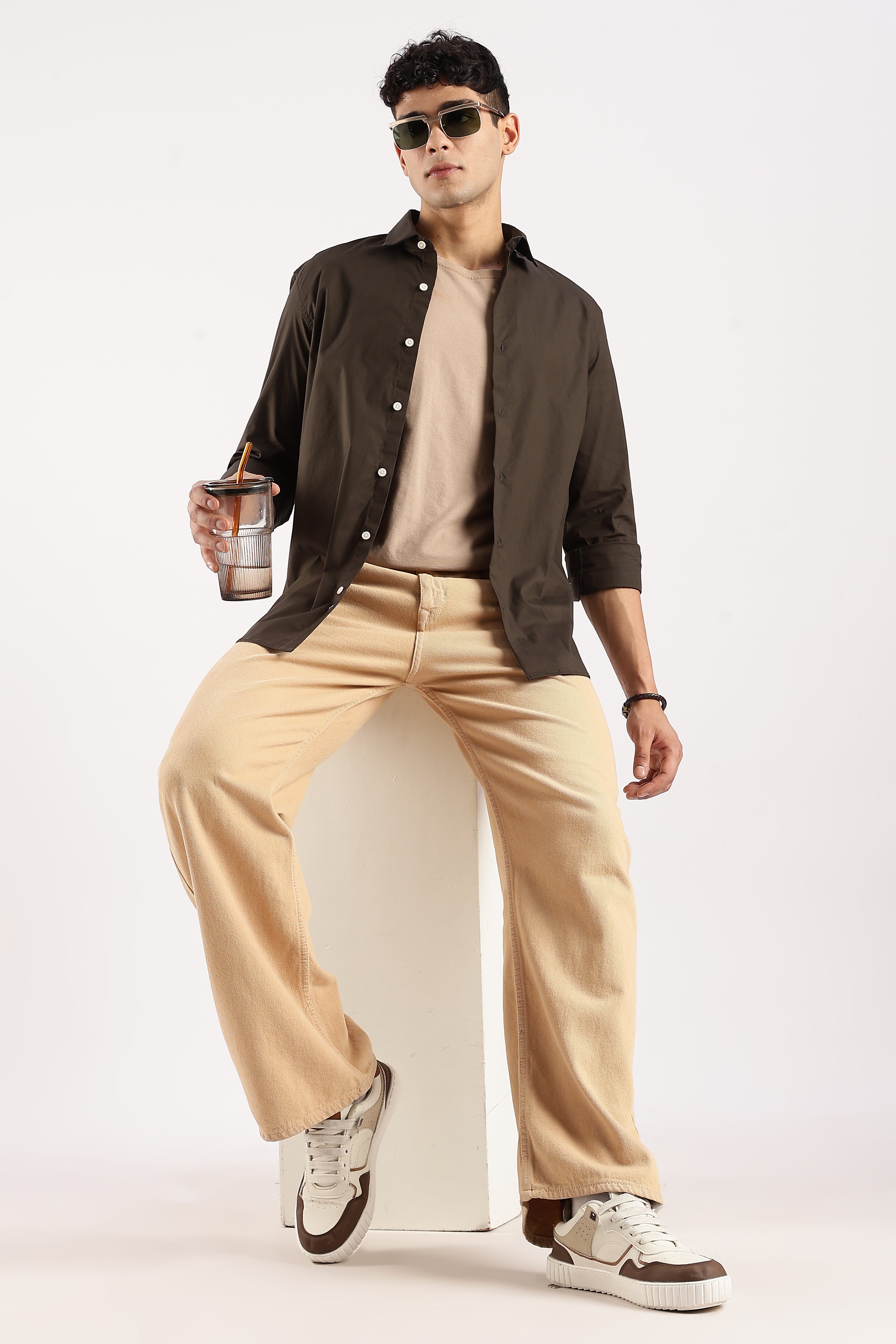 Men Olive Cotton Lycra Shirt